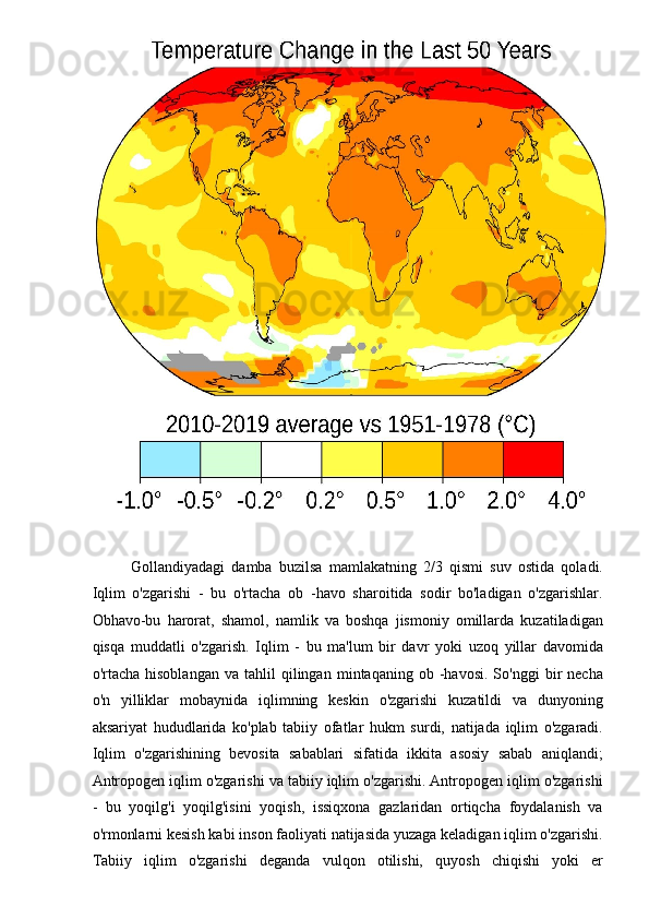  
Gollandiyadagi   damba   buzilsa   mamlakatning   2/3   qismi   suv   ostida   qoladi.
Iqlim   o'zgarishi   -   bu   o'rtacha   ob   -havo   sharoitida   sodir   bo'ladigan   o'zgarishlar.
Obhavo-bu   harorat,   shamol,   namlik   va   boshqa   jismoniy   omillarda   kuzatiladigan
qisqa   muddatli   o'zgarish.   Iqlim   -   bu   ma'lum   bir   davr   yoki   uzoq   yillar   davomida
o'rtacha   hisoblangan   va  tahlil   qilingan   mintaqaning   ob  -havosi.   So'nggi   bir   necha
o'n   yilliklar   mobaynida   iqlimning   keskin   o'zgarishi   kuzatildi   va   dunyoning
aksariyat   hududlarida   ko'plab   tabiiy   ofatlar   hukm   surdi,   natijada   iqlim   o'zgaradi.
Iqlim   o'zgarishining   bevosita   sabablari   sifatida   ikkita   asosiy   sabab   aniqlandi;
Antropogen iqlim o'zgarishi va tabiiy iqlim o'zgarishi. Antropogen iqlim o'zgarishi
-   bu   yoqilg'i   yoqilg'isini   yoqish,   issiqxona   gazlaridan   ortiqcha   foydalanish   va
o'rmonlarni kesish kabi inson faoliyati natijasida yuzaga keladigan iqlim o'zgarishi.
Tabiiy   iqlim   o'zgarishi   deganda   vulqon   otilishi,   quyosh   chiqishi   yoki   er 