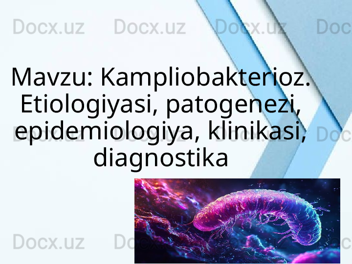 Mavzu: Kampliobakterioz. 
Etiologiyasi, patogenezi, 
epidemiologiya, klinikasi, 
diagnostika 