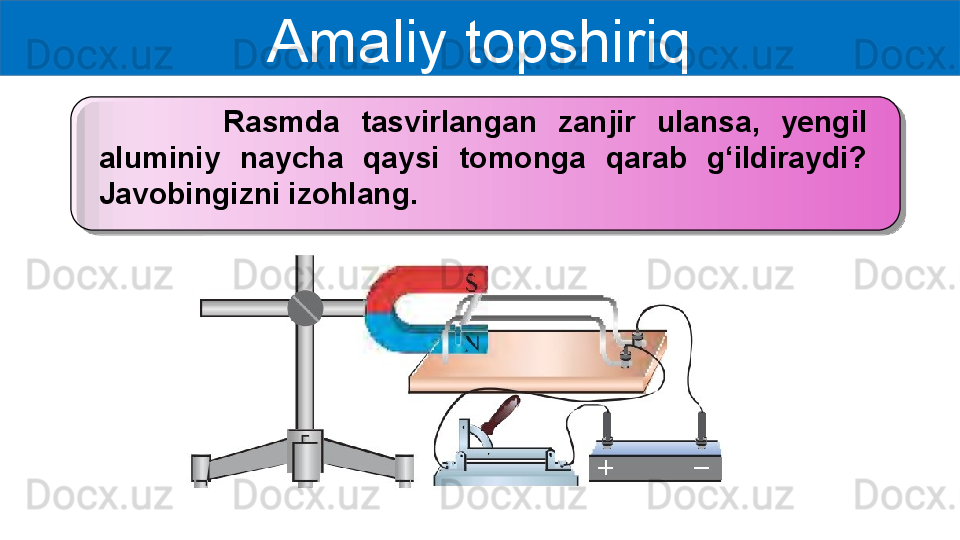 Amaliy topshiriq
            Rasmda  tasvirlangan  zanjir  ulansa,  yengil 
aluminiy  naycha  qaysi  tomonga  qarab  g‘ildiraydi? 
Javobingizni izohlang.