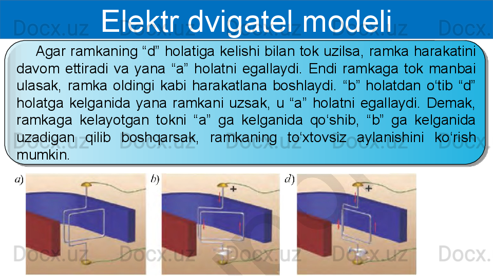 Elektr dvigatel modeli
        Agar  ramkaning  “d”  holatiga  kelishi  bilan  tok  uzilsa, ramka  harakatini 
davom  ettiradi  va  yana  “a”  holatni  egallaydi.  Endi  ramkaga  tok  manbai 
ulasak,  ramka  oldingi  kabi  harakatlana  boshlaydi.  “b”  holatdan  o‘tib  “d” 
holatga  kelganida  yana  ramkani  uzsak,  u  “a”  holatni  egallaydi.  Demak, 
ramkaga  kelayotgan  tokni  “a”  ga  kelganida  qo‘shib,  “b”  ga  kelganida 
uzadigan  qilib  boshqarsak,  ramkaning  to‘xtovsiz  aylanishini  ko‘rish 
mumkin.  