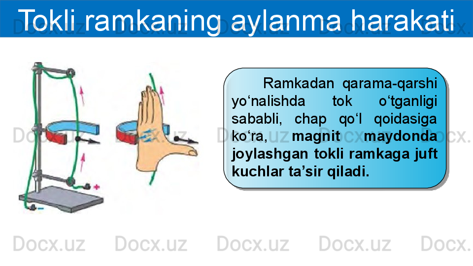 Tokli ramkaning aylanma harakati
        Ramkadan  qarama-qarshi 
yo‘nalishda  tok  o‘tganligi 
sababli,  chap  qo‘l  qoidasiga 
ko‘ra,  magnit  maydonda 
joylashgan  tokli  ramkaga  juft 
kuchlar ta’sir qiladi.  