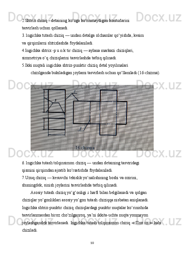 2.Shtrix chiziq - detaining ko‘zga ko'rinmaydigan konturlarini
tasvirlash uchun qollanadi.
3.1ngichka tutash chiziq — undan detalga olchamlar qo‘yishda, kesim
va qirqimlarni shtrixlashda foydalaniladi.
4.Ingichka shtrix -p u n k tir chiziq — aylana markazi chiziqlari,
simmetriya o‘q chiziqlarini tasvirlashda tatbiq qilinadi.
5.Ikki nuqtali ingichka shtrix-punktir chiziq detal yoyilmalari
chizilganda bukiladigan joylami tasvirlash uchun qo‘llaniladi (16-chizma).
6.1ngichka tutash tolqinsimon chiziq — undan detaining tasviridagi
qismini qirqimdan ajratib ko‘rsatishda foydalaniladi.
7.Uzuq chiziq — kesuvchi tekislik yo‘nalishining boshi va oxirini,
shuningdek, sinish joylarini tasvirlashda tatbiq qilinadi.
Asosiy tutash chiziq yo‘g‘onligi  s  harfi bilan belgilanadi va qolgan 
chiziqlar yo‘gonliklari asosiy yo‘gon tutash chiziqqa nisbatan aniqlanadi.
Ingichka shtrix-punktir chiziq chiziqlardagi punktir nuqtalar ko‘rinishida
tasvirlanmasdan biroz cho‘zilganroq, ya’ni ikkita-uchta nuqta yonmayon
joylashgandek tasvirlanadi. Ingichka tutash tolqinsimon chiziq  ≪ Поп  izi ≫  kabi
chiziladi.
10 