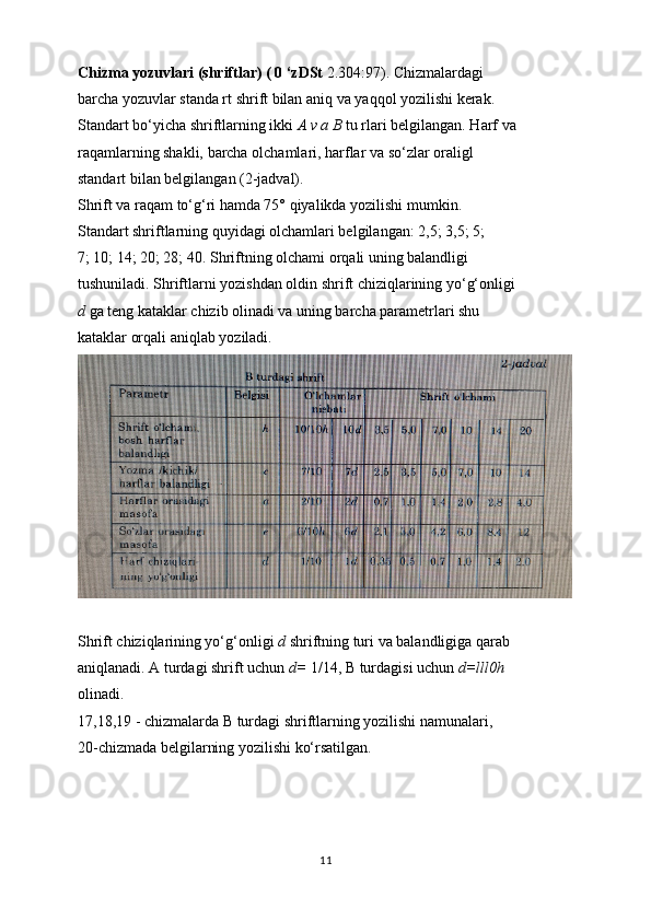 Chizma yozuvlari (shriftlar) ( 0 ‘zDSt  2.304:97). Chizmalardagi
barcha yozuvlar standa rt shrift bilan aniq va yaqqol yozilishi kerak.
Standart bo‘yicha shriftlarning ikki  A v a B  tu rlari belgilangan. Harf va
raqamlarning shakli, barcha olchamlari, harflar va so‘zlar oraligl
standart bilan belgilangan (2-jadval).
Shrift va raqam to‘g‘ri hamda 75° qiyalikda yozilishi mumkin.
Standart shriftlarning quyidagi olchamlari belgilangan: 2,5; 3,5; 5;
7; 10; 14; 20; 28; 40. Shriftning olchami orqali uning balandligi
tushuniladi. Shriftlarni yozishdan oldin shrift chiziqlarining yo‘g‘onligi
d  ga teng kataklar chizib olinadi va uning barcha parametrlari shu
kataklar orqali aniqlab yoziladi.
Shrift chiziqlarining yo‘g‘onligi  d  shriftning turi va balandligiga qarab
aniqlanadi. A turdagi shrift uchun  d=  1/14,  В  turdagisi uchun  d=lll0h
olinadi.
17,18,19 - chizmalarda  В  turdagi shriftlarning yozilishi namunalari,
20-chizmada belgilarning yozilishi ko‘rsatilgan.
11 