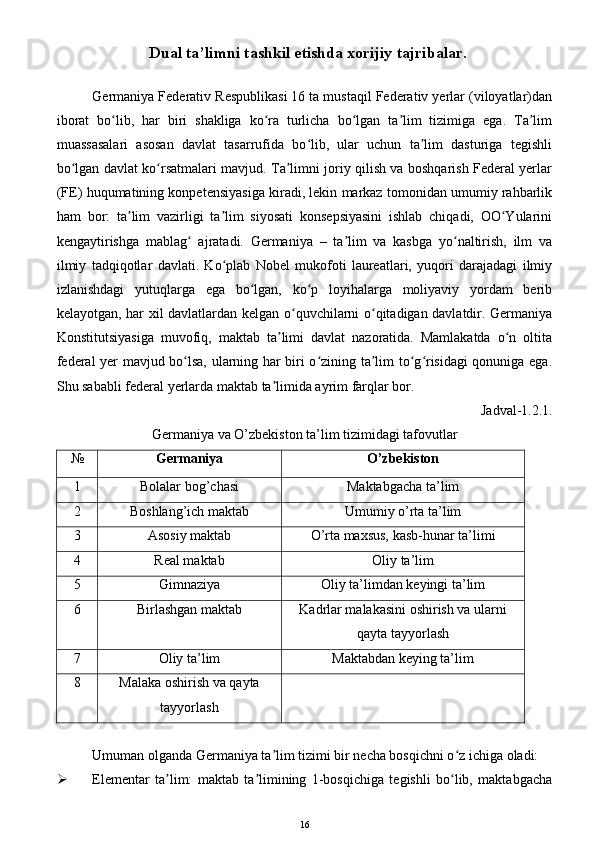 Dual ta’limni tashkil etishda xorijiy tajribalar.
Germaniya Federativ Respublikasi 16 ta mustaqil Federativ yerlar (viloyatlar)dan
iborat   bo lib,   har   biri   shakliga   ko ra   turlicha   bo lgan   ta lim   tizimiga   ega.   Ta limʻ ʻ ʻ ʼ ʼ
muassasalari   asosan   davlat   tasarrufida   bo lib,   ular   uchun   ta lim   dasturiga   tegishli	
ʻ ʼ
bo lgan davlat ko rsatmalari mavjud. Ta limni joriy qilish va boshqarish Federal yerlar	
ʻ ʻ ʼ
(FE) huqumatining konpetensiyasiga kiradi, lekin markaz tomonidan umumiy rahbarlik
ham   bor:   ta lim   vazirligi   ta lim   siyosati   konsepsiyasini   ishlab   chiqadi,   OO Yularini	
ʼ ʼ ʻ
kengaytirishga   mablag   ajratadi.   Germaniya   –   ta lim   va   kasbga   yo naltirish,   ilm   va	
ʻ ʼ ʻ
ilmiy   tadqiqotlar   davlati.   Ko plab   Nobel   mukofoti   laureatlari,   yuqori   darajadagi   ilmiy	
ʻ
izlanishdagi   yutuqlarga   ega   bo lgan,   ko p   loyihalarga   moliyaviy   yordam   berib	
ʻ ʻ
kelayotgan, har xil davlatlardan kelgan o quvchilarni o qitadigan davlatdir. Germaniya	
ʻ ʻ
Konstitutsiyasiga   muvofiq,   maktab   ta limi   davlat   nazoratida.   Mamlakatda   o n   oltita	
ʼ ʻ
federal yer mavjud bo lsa, ularning har biri o zining ta lim to g risidagi qonuniga ega.	
ʻ ʻ ʼ ʻ ʻ
Shu sababli federal yerlarda maktab ta limida ayrim farqlar bor.  	
ʼ
Jadval-1.2.1.
Germaniya va O’zbekiston ta’lim tizimidagi tafovutlar
№ Germaniya O’zbekiston
1 Bolalar bog’chasi Maktabgacha ta’lim
2 Boshlang’ich maktab Umumiy o’rta ta’lim
3 Asosiy maktab O’rta maxsus, kasb-hunar ta’limi
4 Real maktab Oliy ta’lim
5 Gimnaziya Oliy ta’limdan keyingi ta’lim
6 Birlashgan maktab Kadrlar malakasini oshirish va ularni
qayta tayyorlash
7 Oliy ta’lim Maktabdan keying ta’lim
8 Malaka oshirish va qayta
tayyorlash
Umuman olganda Germaniya ta lim tizimi bir necha bosqichni o z ichiga oladi: 
ʼ ʻ
 Elementar   ta lim:   maktab   ta limining   1-bosqichiga   tegishli   bo lib,   maktabgacha	
ʼ ʼ ʻ
16 