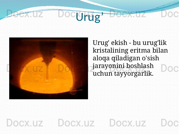 Urug’
Urug' ekish - bu urug'lik 
kristalining eritma bilan 
aloqa qiladigan o'sish 
jarayonini boshlash 
uchun tayyorgarlik. 