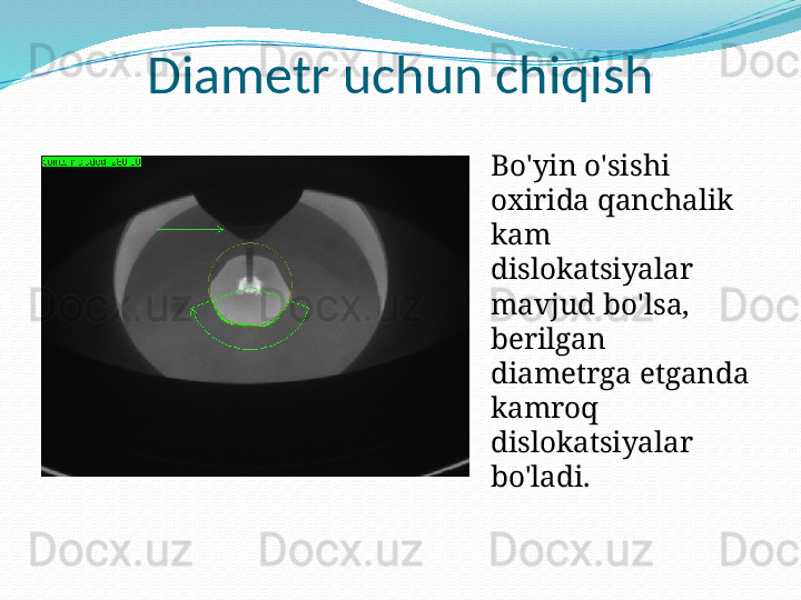 Diametr uchun chiqish
Bo'yin o'sishi 
oxirida qanchalik 
kam 
dislokatsiyalar 
mavjud bo'lsa, 
berilgan 
diametrga etganda 
kamroq 
dislokatsiyalar 
bo'ladi. 