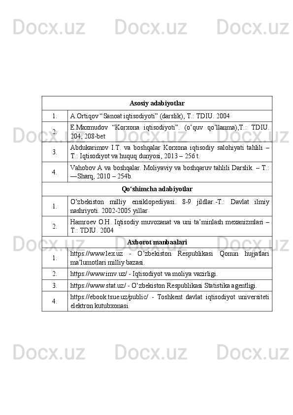 Asosiy adabiyotlar
1 . A.Ortiqov “Sanoat iqtisodiyoti” (darslik), T.: TDIU. 2004
2. E.Maxmudov   “Korxona   iqtisodiyoti”.   (o’quv   qo’llanma),T.:   TDIU.
204, 208-bet
3. Abdukarimov   I.T.   va   boshqalar   Korxona   iqtisodiy   salohiyati   tahlili   –
T.: Iqtisodiyot va huquq dunyosi, 2013 – 256 t.
4. Vahobov A va boshqalar. Moliyaviy va boshqaruv tahlili Darslik. – T.:
―Sharq, 2010 – 254b.
Qo‘shimcha adabiyotlar
1. O’zbekiston   milliy   ensiklopediyasi.   8-9   jildlar.-T.:   Davlat   ilmiy
nashriyoti.  2002-2005 yillar
2. Hamroev  O.H.  Iqtisodiy   muvozanat  va  uni  ta’minlash  mexanizmlari  –
T.: TDIU. 2004
Axborot manbaalari
1. https://www.lex.uz   -   O’zbekiston   Respublikasi   Qonun   hujjatlari
ma’lumotlari milliy bazasi.
2. https://www.imv.uz/ - Iqtisodiyot va moliya vazirligi.
3. https://www.stat.uz/ - O‘zbekiston Respublikasi Statistika agentligi.
4. https://ebook.tsue.uz/public/   -   Toshkent   davlat   iqtisodiyot   universiteti
elektron kutubxonasi. 