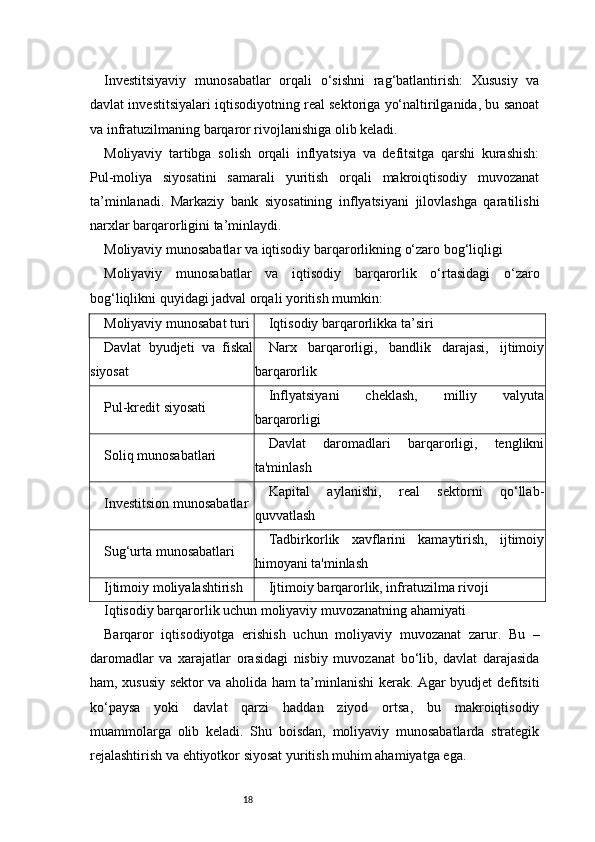 18Investitsiyaviy   munosabatlar   orqali   o‘sishni   rag‘batlantirish:   Xususiy   va
davlat investitsiyalari iqtisodiyotning real sektoriga yo‘naltirilganida, bu sanoat
va infratuzilmaning barqaror rivojlanishiga olib keladi.
Moliyaviy   tartibga   solish   orqali   inflyatsiya   va   defitsitga   qarshi   kurashish:
Pul-moliya   siyosatini   samarali   yuritish   orqali   makroiqtisodiy   muvozanat
ta’minlanadi.   Markaziy   bank   siyosatining   inflyatsiyani   jilovlashga   qaratilishi
narxlar barqarorligini ta’minlaydi.
Moliyaviy munosabatlar va iqtisodiy barqarorlikning o‘zaro bog‘liqligi
Moliyaviy   munosabatlar   va   iqtisodiy   barqarorlik   o‘rtasidagi   o‘zaro
bog‘liqlikni quyidagi jadval orqali yoritish mumkin:
Moliyaviy munosabat turi Iqtisodiy barqarorlikka ta’siri
Davlat   byudjeti   va   fiskal
siyosat Narx   barqarorligi,   bandlik   darajasi,   ijtimoiy
barqarorlik
Pul-kredit siyosati Inflyatsiyani   cheklash,   milliy   valyuta
barqarorligi
Soliq munosabatlari Davlat   daromadlari   barqarorligi,   tenglikni
ta'minlash
Investitsion munosabatlar Kapital   aylanishi,   real   sektorni   qo‘llab-
quvvatlash
Sug‘urta munosabatlari Tadbirkorlik   xavflarini   kamaytirish,   ijtimoiy
himoyani ta'minlash
Ijtimoiy moliyalashtirish Ijtimoiy barqarorlik, infratuzilma rivoji
Iqtisodiy barqarorlik uchun moliyaviy muvozanatning ahamiyati
Barqaror   iqtisodiyotga   erishish   uchun   moliyaviy   muvozanat   zarur.   Bu   –
daromadlar   va   xarajatlar   orasidagi   nisbiy   muvozanat   bo‘lib,   davlat   darajasida
ham, xususiy sektor va aholida ham ta’minlanishi kerak. Agar byudjet defitsiti
ko‘paysa   yoki   davlat   qarzi   haddan   ziyod   ortsa,   bu   makroiqtisodiy
muammolarga   olib   keladi.   Shu   boisdan,   moliyaviy   munosabatlarda   strategik
rejalashtirish va ehtiyotkor siyosat yuritish muhim ahamiyatga ega. 