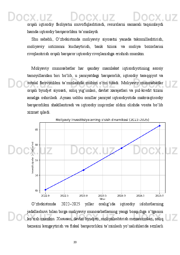 20orqali   iqtisodiy   faoliyatni   muvofiqlashtiradi,   resurslarni   samarali   taqsimlaydi
hamda iqtisodiy barqarorlikni ta’minlaydi.
Shu   sababli,   O‘zbekistonda   moliyaviy   siyosatni   yanada   takomillashtirish,
moliyaviy   intizomni   kuchaytirish,   bank   tizimi   va   moliya   bozorlarini
rivojlantirish orqali barqaror iqtisodiy rivojlanishga erishish mumkin.
Moliyaviy   munosabatlar   har   qanday   mamlakat   iqtisodiyotining   asosiy
tamoyillaridan   biri   bo‘lib,   u   jamiyatdagi   barqarorlik,   iqtisodiy   taraqqiyot   va
sotsial   farovonlikni   ta’minlashda   muhim   o‘rin   tutadi.   Moliyaviy   munosabatlar
orqali   byudjet   siyosati,   soliq   yig‘imlari,   davlat   xarajatlari   va   pul-kredit   tizimi
amalga   oshiriladi.   Aynan   ushbu   omillar   jamiyat   iqtisodiyotida   makroiqtisodiy
barqarorlikni   shakllantiradi   va   iqtisodiy   inqirozlar   oldini   olishda   vosita   bo‘lib
xizmat qiladi.
O‘zbekistonda   2022–2025   yillar   oralig‘ida   iqtisodiy   islohotlarning
jadallashuvi bilan birga moliyaviy munosabatlarning yangi bosqichga o‘tganini
ko‘rish mumkin. Xususan, davlat byudjeti, moliyalashtirish mexanizmlari, soliq
bazasini kengaytirish va fiskal barqarorlikni ta’minlash yo‘nalishlarida sezilarli 
