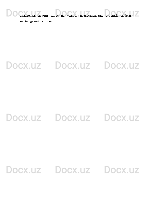 аудитория,   изучен   спрос   на   услуги,   предоставляемы   студией,   выбран
необходимый персонал. 