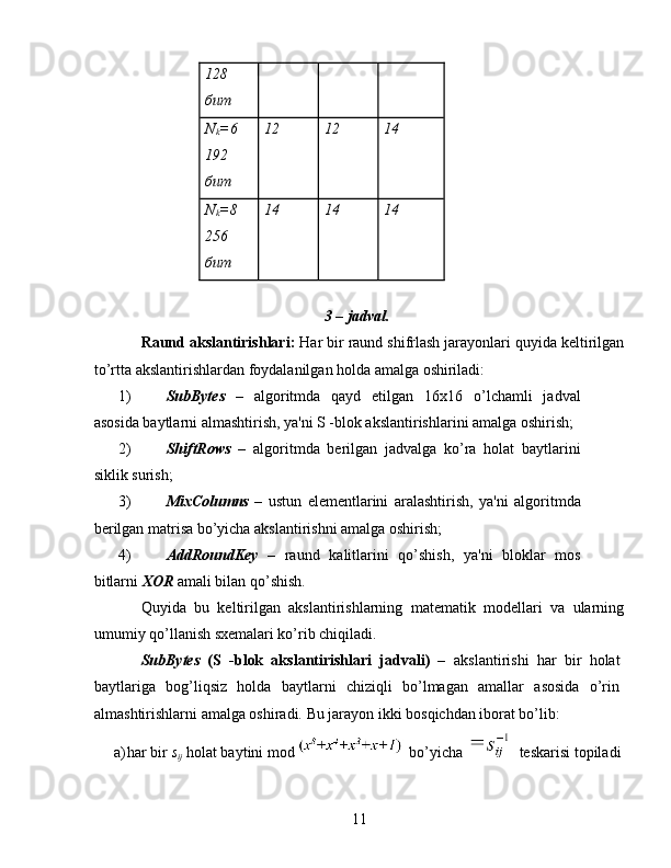 128 
бит 
N
k =6 
192 
бит  12   12   14  
N
k =8 
256 
бит   14   14   14  
 
3 – jadval.  
Raund akslantirishlari:  Har bir raund shifrlash jarayonlari quyida keltirilgan
to’rtta akslantirishlardan foydalanilgan holda amalga oshiriladi: 
1) SubBytes   –   algoritmda   qayd   etilgan   16x16   o’lchamli   jadval
asosida baytlarni almashtirish, ya'ni S -blok akslantirishlarini amalga oshirish; 
2) ShiftRows   –   algoritmda   berilgan   jadvalga   ko’ra   holat   baytlarini
siklik surish; 
3) MixColumns   –   ustun   elementlarini   aralashtirish,   ya'ni   algoritmda
berilgan matrisa bo’yicha akslantirishni amalga oshirish; 
4) AddRoundKey   –   raund   kalitlarini   qo’shish,   ya'ni   bloklar   mos
bitlarni  XOR   amali bilan qo’shish. 
Quyida   bu   keltirilgan   akslantirishlarning   matematik   modellari   va   ularning
umumiy qo’llanish sxemalari ko’rib chiqiladi. 
SubBytes   (S   -blok   akslantirishlari   jadvali)   –   akslantirishi   har   bir   holat
baytlariga   bog’liqsiz   holda   baytlarni   chiziqli   bo’lmagan   amallar   asosida   o’rin
almashtirishlarni amalga oshiradi.  Bu jarayon ikki bosqichdan iborat bo’lib: 
a) har bir  s
ij   holat baytini mod   bo’yicha   teskarisi topiladi
11   