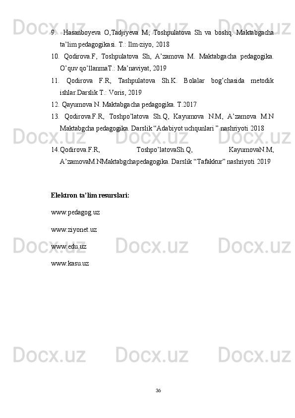 9.   Hasanboyeva   O,Tadjiyeva   M,   Toshpulatova   Sh   va   boshq.   Maktabgacha
ta’lim pedagogikasi. T.: Ilm-ziyo, 2018
10.   Qodirova.F,   Toshpulatova   Sh,   A’zamova   M.   Maktabgacha   pedagogika.
O’quv qo’llanmaT.: Ma’naviyat, 2019
11.   Qodirova   F.R,   Tashpulatova   Sh.K.   Bolalar   bog’chasida   metodik
ishlar.Darslik T.: Voris, 2019
12.   Qayumova N. Maktabgacha pedagogika. T.2017
13.   Qodirova.F.R,   Toshpo’latova   Sh.Q,   Kayumova   N.M,   A’zamova   M.N
Maktabgcha pedagogika.  Darslik “ Adabiyot uchqunlari  ” nashriyoti 201 8
14. Qodirova . F . R ,   Toshpo ’ latovaSh . Q ,   KayumovaN . M ,
A ’ zamovaM . NMaktabgchapedagogika .  Darslik  “ Tafakkur ”  nashriyoti  2019
Elektron ta’lim resurslari:
www.pedagog.uz
www.ziyonet.uz
www.edu.uz
www.kasu.uz
36 