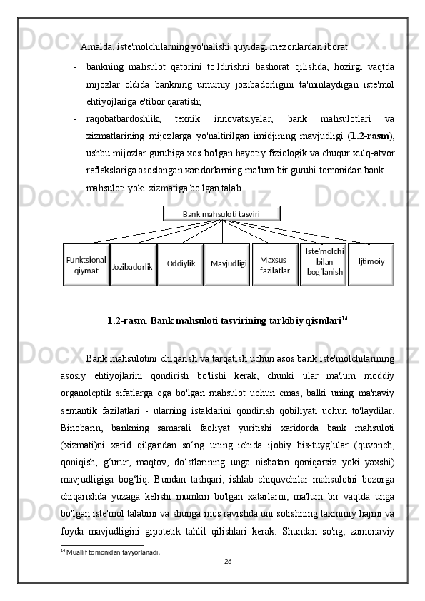          Amalda, iste'molchilarning yo'nalishi quyidagi mezonlardan iborat:
- bankning   mahsulot   qatorini   to'ldirishni   bashorat   qilishda,   hozirgi   vaqtda
mijozlar   oldida   bankning   umumiy   jozibadorligini   ta'minlaydigan   iste'mol
ehtiyojlariga e'tibor qaratish;
- raqobatbardoshlik,   texnik   innovatsiyalar,   bank   mahsulotlari   va
xizmatlarining   mijozlarga   yo'naltirilgan   imidjining   mavjudligi   ( 1.2-rasm ),
ushbu mijozlar guruhiga xos bo'lgan hayotiy fiziologik va chuqur xulq-atvor
reflekslariga asoslangan xaridorlarning ma'lum bir guruhi tomonidan bank 
     mahsuloti yoki xizmatiga bo'lgan talab.
1.2-rasm .  Bank mahsuloti tasvirining tarkibiy qismlari 14
      Bank mahsulotini chiqarish va tarqatish uchun asos bank iste'molchilarining
asosiy   ehtiyojlarini   qondirish   bo'lishi   kerak,   chunki   ular   ma'lum   moddiy
organoleptik   sifatlarga   ega   bo'lgan   mahsulot   uchun   emas,   balki   uning   ma'naviy
semantik   fazilatlari   -   ularning   istaklarini   qondirish   qobiliyati   uchun   to'laydilar.
Binobarin,   bankning   samarali   faoliyat   yuritishi   xaridorda   bank   mahsuloti
(xizmati)ni   xarid   qilgandan   so‘ng   uning   ichida   ijobiy   his-tuyg‘ular   (quvonch,
qoniqish,   g‘urur,   maqtov,   do‘stlarining   unga   nisbatan   qoniqarsiz   yoki   yaxshi)
mavjudligiga   bog‘liq.   Bundan   tashqari,   ishlab   chiquvchilar   mahsulotni   bozorga
chiqarishda   yuzaga   kelishi   mumkin   bo'lgan   xatarlarni,   ma'lum   bir   vaqtda   unga
bo'lgan iste'mol talabini va shunga mos ravishda uni sotishning taxminiy hajmi va
foyda   mavjudligini   gipotetik   tahlil   qilishlari   kerak.   Shundan   so'ng,   zamonaviy
14
  Muallif   tomonidan   tayyorlanadi .
26Bank mahsuloti tasviri
Funktsional 
qiymat Jozibadorlik     Oddiylik        Mavjudligi Maxsus 
fazilatlar Iste'molchi 
bilan  
bog`lanish Ijtimoiy 
