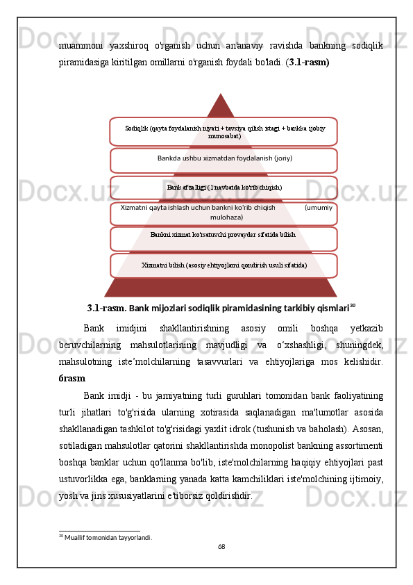 muammoni   yaxshiroq   o'rganish   uchun   an'anaviy   ravishda   bankning   sodiqlik
piramidasiga kiritilgan omillarni o'rganish foydali bo'ladi. ( 3.1-rasm)
3.1-rasm.  Bank mijozlari sodiqlik piramidasining tarkibiy qismlari 30
      Bank   imidjini   shakllantirishning   asosiy   omili   boshqa   yetkazib
beruvchilarning   mahsulotlarining   mavjudligi   va   o‘xshashligi,   shuningdek,
mahsulotning   iste’molchilarning   tasavvurlari   va   ehtiyojlariga   mos   kelishidir.
6rasm
     Bank   imidji   -   bu   jamiyatning   turli   guruhlari   tomonidan   bank   faoliyatining
turli   jihatlari   to'g'risida   ularning   xotirasida   saqlanadigan   ma'lumotlar   asosida
shakllanadigan tashkilot to'g'risidagi yaxlit idrok (tushunish va baholash). Asosan,
sotiladigan mahsulotlar qatorini shakllantirishda monopolist bankning assortimenti
boshqa  banklar  uchun  qo'llanma  bo'lib, iste'molchilarning  haqiqiy  ehtiyojlari   past
ustuvorlikka ega, banklarning yanada katta kamchiliklari iste'molchining ijtimoiy,
yosh va jins xususiyatlarini e'tiborsiz qoldirishdir.
30
 Muallif tomonidan tayyorlandi.
68Sodiqlik (qayta foydalanish niyati + tavsiya qilish istagi + bankka ijobiy 
munosabat)
Bankda ushbu xizmatdan foydalanish (joriy)
Bank afzalligi (1 navbatda ko'rib chiqish)
Xizmatni qayta ishlash uchun bankni ko'rib chiqish                 (umumiy 
mulohaza)
Bankni xizmat ko'rsatuvchi provayder sifatida bilish
Xizmatni bilish (asosiy ehtiyojlarni qondirish usuli sifatida)       