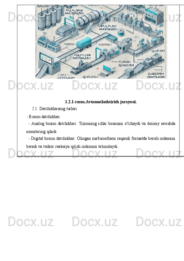 1.2.1- rasm . Avtomatlashtirish   jarayo ni.
2.1.   Datchiklarning   turlari
-   Bosim   datchiklari:
-  Analog   bosim   datchiklari:	  Tizimning	  ichki	  bosimini   o'lchaydi   va	  doimiy	  ravishda
monitoring   qiladi.
-   Digital   bosim   datchiklari :   O lingan   ma'lumotlarni   raqamli   formatda berish   imkonini
beradi   va tezkor reaksiya   qi lish   imkonini   ta'minlaydi. 