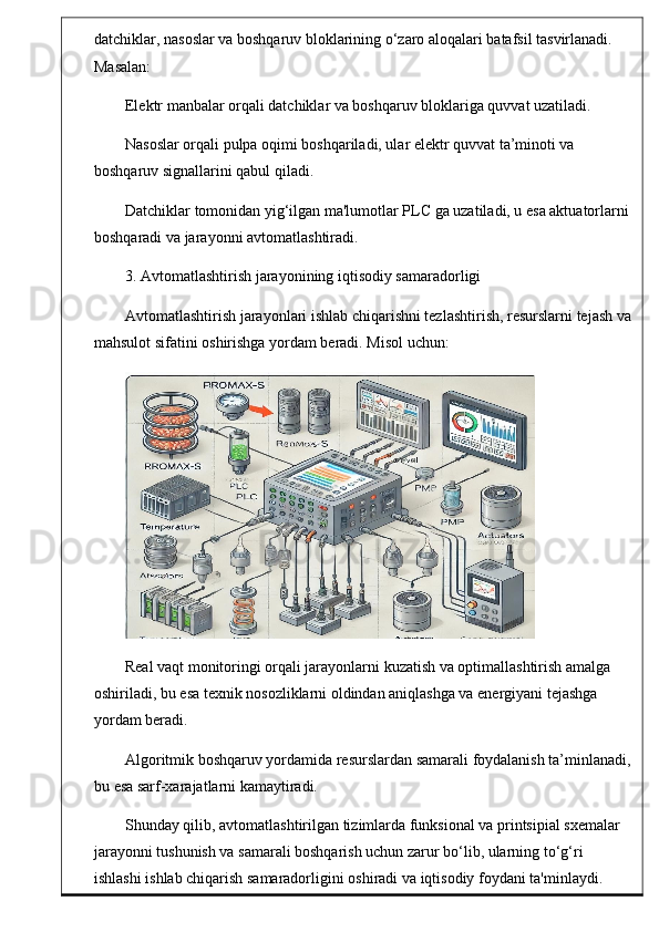 datchiklar, nasoslar va boshqaruv bloklarining o‘zaro aloqalari batafsil tasvirlanadi. 
Masalan:
Elektr manbalar orqali datchiklar va boshqaruv bloklariga quvvat uzatiladi.
Nasoslar orqali pulpa oqimi boshqariladi, ular elektr quvvat ta’minoti va 
boshqaruv signallarini qabul qiladi.
Datchiklar tomonidan yig‘ilgan ma'lumotlar PLC ga uzatiladi, u esa aktuatorlarni
boshqaradi va jarayonni avtomatlashtiradi.
3. Avtomatlashtirish jarayonining iqtisodiy samaradorligi
Avtomatlashtirish jarayonlari ishlab chiqarishni tezlashtirish, resurslarni tejash va
mahsulot sifatini oshirishga yordam beradi. Misol uchun:
Real vaqt monitoringi orqali jarayonlarni kuzatish va optimallashtirish amalga 
oshiriladi, bu esa texnik nosozliklarni oldindan aniqlashga va energiyani tejashga 
yordam beradi.
Algoritmik boshqaruv yordamida resurslardan samarali foydalanish ta’minlanadi,
bu esa sarf-xarajatlarni kamaytiradi.
Shunday qilib, avtomatlashtirilgan tizimlarda funksional va printsipial sxemalar 
jarayonni tushunish va samarali boshqarish uchun zarur bo‘lib, ularning to‘g‘ri 
ishlashi ishlab chiqarish samaradorligini oshiradi va iqtisodiy foydani ta'minlaydi. 