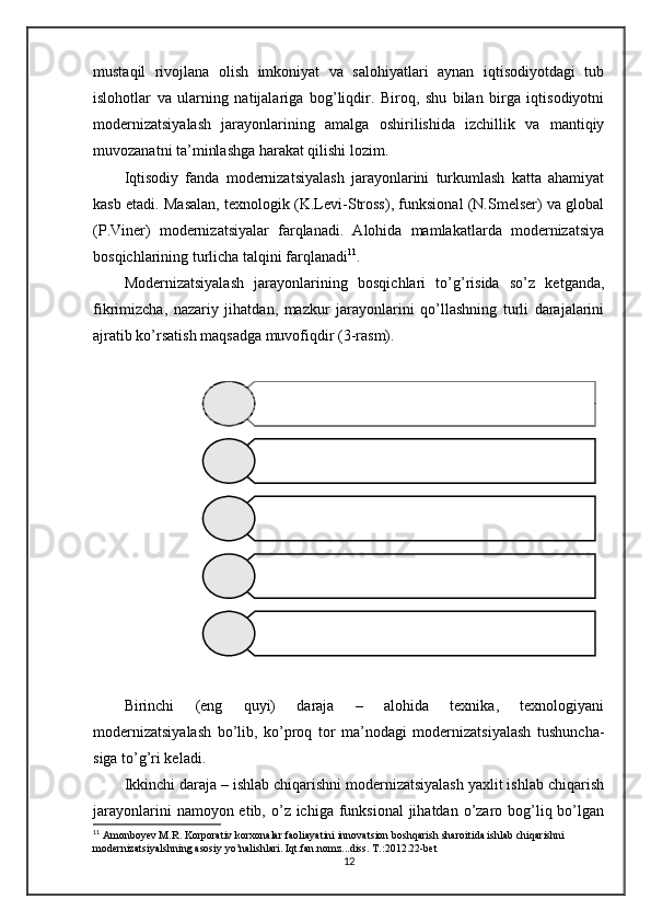 mustaqil   rivojlana   olish   imkoniyat   va   salohiyatlari   aynan   iqtisodiyotdagi   tub
islohotlar   va   ularning   natijalariga   bog’liqdir.   Biroq,   shu   bilan   birga   iqtisodiyotni
modernizatsiyalash   jarayonlarining   amalga   oshirilishida   izchillik   va   mantiqiy
muvozanatni ta’minlashga harakat qilishi lozim.
Iqtisodiy   fanda   modernizatsiyalash   jarayonlarini   turkumlash   katta   ahamiyat
kasb etadi. Masalan, texnologik (K.Levi-Stross), funksional (N.Smelser) va global
(P.Viner)   modernizatsiyalar   farqlanadi.   Alohida   mamlakatlarda   modernizatsiya
bosqichlarining turlicha talqini farqlanadi 11
.
Modernizatsiyalash   jarayonlarining   bosqichlari   to’g’risida   so’z   ketganda,
fikrimizcha,   nazariy   jihatdan,   mazkur   jarayonlarini   qo’llashning   turli   darajalarini
ajratib ko’rsatish maqsadga muvofiqdir (3-rasm).
Birinchi   (eng   quyi)   daraja   –   alohida   texnika,   texnologiyani
modernizatsiyalash   bo’lib,   ko’proq   tor   ma’nodagi   modernizatsiyalash   tushuncha-
siga to’g’ri keladi.
Ikkinchi daraja – ishlab chiqarishni modernizatsiyalash yaxlit ishlab chiqarish
jarayonlarini  namoyon etib, o’z ichiga funksional  jihatdan o’zaro bog’liq bo’lgan
11
 Amonboyev M.R. Korporativ korxonalar faoliayatini innovatsion boshqarish sharoitida ishlab chiqarishni
modernizatsiyalshning asosiy yo’nalishlari. Iqt.fan.nomz...diss. T.:2012.22-bet
12Alohida texnika, texnologiyani 	
modernizatsiyalash	
Ishlab chiqarishni modernizatsiyalash
Korxona faoliyatini modernizatsiyalash	
Jamiyatning alohida jabhalarini 	
modernizatsiyalash	
Ya xlit jamiyat (ijtimoiy tuzum)ni 	
modernizatsiyalash 
