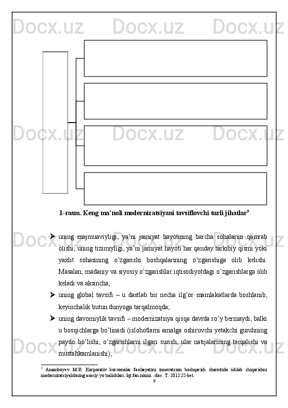 1-rasm. Keng ma’noli modernizatsiyani tavsiflovchi turli jihatlar 9
 uning   majmuaviyligi,   ya’ni   jamiyat   hayotining   barcha   sohalarini   qamrab
olishi; uning tizimiyligi, ya’ni jamiyat hayoti har qanday tarkibiy qismi yoki
yaxlit   sohasining   o’zgarishi   boshqalarining   o’zgarishiga   olib   kelishi.
Masalan, madaniy va siyosiy o’zgarishlar iqtisodiyotdagi o’zgarishlarga olib
keladi va aksincha;
 uning   global   tavsifi   –   u   dastlab   bir   necha   ilg’or   mamlakatlarda   boshlanib,
keyinchalik butun dunyoga tarqalmoqda;
 uning davomiylik tavsifi – modernizatsiya qisqa davrda ro’y bermaydi, balki
u bosqichlarga bo’linadi (islohotlarni amalga oshiruvchi yetakchi guruhning
paydo   bo’lishi,   o’zgarishlarni   ilgari   surish,   ular   natijalarining   tarqalishi   va
mustahkamlanishi);
9
  Amonboyev   M.R.   Korporativ   korxonalar   faoliayatini   innovatsion   boshqarish   sharoitida   ishlab   chiqarishni
modernizatsiyalshning asosiy yo’nalishlari. Iqt.fan.nomz...diss. T.:2012.22-bet.
9M
o
d
e
rn
iz
a
tsiy
a
n
in
g
 (k
e
n
g
 	
m
a
’n
o
li) a
so
siy
 jih
a
tla
ri	
An’anaviy jamiyatning ilg’or, industrial jihatdan taraqqiy etgan 	
jamiyatga aylanishini ta’minlovchi ijtimoiy-tarixiy jarayon
Jahondagi texnologik o’zgarishlarning impul’si bo’lib xizmat 
qiluvchi asosiy, “o’zak” iqtisodiyotlarga nisbatan teng huquqli 	
mavqega erishish	
An’anaviy jihatdan industrlashgan, yirik mashinalashgan ishlab 
chiqarishga hamda ijtimoiy jarayonlarni qonunlarga tayangan 	
xolda oqilona boshqarishga asoslangan jamiyatga o’tish 	
jarayonlari	
“An’anaviy tarzdagi yopiq jamiyat” ga qarama-qarshi o’laroq 
“zamonaviy ochiq tarzdagi jamiyat”ni shakllantirishga olib 	
keluvchi jarayonlar majmui. 