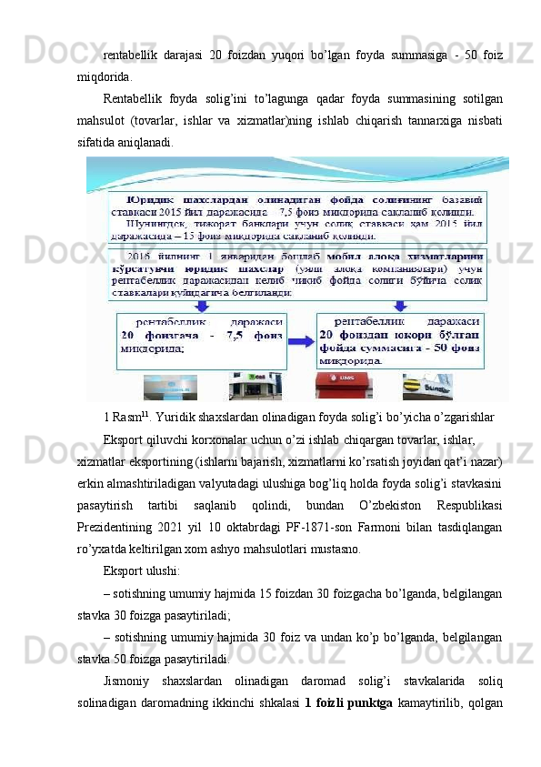 rentabellik   darajasi   20   foizdan   yuqori   bo’lgan   foyda   summasiga   -   50   foiz
miqdorida.
Rentabellik   foyda   solig’ini   to’lagunga   qadar   foyda   summasining   sotilgan
mahsulot   (tovarlar,   ishlar   va   xizmatlar)ning   ishlab   chiqarish   tannarxiga   nisbati
sifatida   aniqlanadi.
1 Rasm 11
. Yuridik shaxslardan olinadigan foyda solig’i bo’yicha o’zgarishlar
Eksport   qiluvchi   korxonalar   uchun   o’zi   ishlab   chiqargan   tovarlar,   ishlar,
xizmatlar eksportining (ishlarni bajarish, xizmatlarni ko’rsatish joyidan qat’i nazar)
erkin almashtiriladigan valyutadagi ulushiga bog’liq holda foyda solig’i stavkasini
pasaytirish   tartibi   saqlanib   qolindi,   bundan   O’zbekiston   Respublikasi
Prezidentining   2021   yil   10   oktabrdagi   PF-1871-son   Farmoni   bilan   tasdiqlangan
ro’yxatda   keltirilgan   xom   ashyo   mahsulotlari mustasno.
Eksport   ulushi:
– sotishning umumiy hajmida 15 foizdan 30 foizgacha bo’lganda, belgilangan
stavka   30   foizga   pasaytiriladi;
– sotishning umumiy hajmida 30 foiz va undan ko’p bo’lganda, belgilangan
stavka   50   foizga   pasaytiriladi.
Jismoniy   shaxslardan   olinadigan   daromad   solig’i   stavkalarida   soliq
solinadigan   daromadning   ikkinchi   shkalasi   1   foizli   punktga   kamaytirilib,   qolgan 