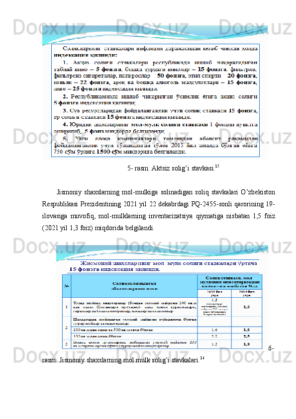 5- rasm.   Aktsiz   solig’i   stavkasi. 15
Jismoniy   shaxslarning   mol-mulkiga   solinadigan   soliq   stavkalari   O’zbekiston
Respublikasi Prezidentining 2021 yil 22 dekabrdagi PQ-2455-sonli qarorining 19-
ilovasiga   muvofiq,   mol-mulklarning   inventarizatsiya   qiymatiga   nisbatan   1,5   foiz
(2021 yil   1,3 foiz) miqdorida belgilandi.
6-
rasm.   Jismoniy   shaxslarning   mol   mulk   solig’i   stavkalari. 16 