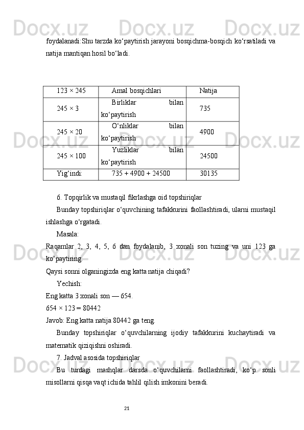 21foydalanadi:Shu tarzda ko‘paytirish jarayoni bosqichma-bosqich ko‘rsatiladi va
natija mantiqan hosil bo‘ladi.
123 × 245 Amal bosqichlari Natija
245 × 3 Birliklar   bilan
ko‘paytirish 735
245 × 20 O‘nliklar   bilan
ko‘paytirish 4900
245 × 100 Yuzliklar   bilan
ko‘paytirish 24500
Yig‘indi: 735 + 4900 + 24500 30135
6. Topqirlik va mustaqil fikrlashga oid topshiriqlar
Bunday topshiriqlar o‘quvchining tafakkurini faollashtiradi, ularni mustaqil
ishlashga o‘rgatadi.
Masala:
Raqamlar   2,   3,   4,   5,   6   dan   foydalanib,   3   xonali   son   tuzing   va   uni   123   ga
ko‘paytiring.
Qaysi sonni olganingizda eng katta natija chiqadi?
Yechish:
Eng katta 3 xonali son — 654.
654 × 123 = 80442
Javob: Eng katta natija 80442 ga teng.
Bunday   topshiriqlar   o‘quvchilarning   ijodiy   tafakkurini   kuchaytiradi   va
matematik qiziqishni oshiradi.
7. Jadval asosida topshiriqlar
Bu   turdagi   mashqlar   darsda   o‘quvchilarni   faollashtiradi,   ko‘p   sonli
misollarni qisqa vaqt ichida tahlil qilish imkonini beradi. 