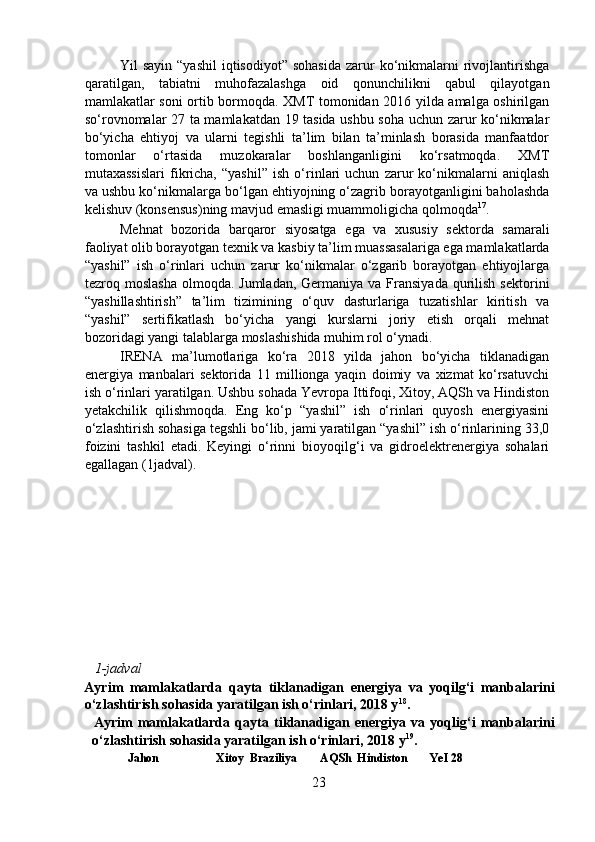 Yil  sayin  “yashil  iqtisodiyot”  sohasida   zarur   ko‘nikmalarni   rivojlantirishga
qaratilgan,   tabiatni   muhofazalashga   oid   qonunchilikni   qabul   qilayotgan
mamlakatlar soni ortib bormoqda. XMT tomonidan 2016 yilda amalga oshirilgan
so‘rovnomalar 27 ta mamlakatdan 19 tasida ushbu soha uchun zarur ko‘nikmalar
bo‘yicha   ehtiyoj   va   ularni   tegishli   ta’lim   bilan   ta’minlash   borasida   manfaatdor
tomonlar   o‘rtasida   muzokaralar   boshlanganligini   ko‘rsatmoqda.   XMT
mutaxassislari   fikricha,   “yashil”   ish   o‘rinlari   uchun   zarur   ko‘nikmalarni   aniqlash
va ushbu ko‘nikmalarga bo‘lgan ehtiyojning o‘zagrib borayotganligini baholashda
kelishuv (konsensus)ning mavjud emasligi muammoligicha qolmoqda 17
.  
  Mehnat   bozorida   barqaror   siyosatga   ega   va   xususiy   sektorda   samarali
faoliyat olib borayotgan texnik va kasbiy ta’lim muassasalariga ega mamlakatlarda
“yashil”   ish   o‘rinlari   uchun   zarur   ko‘nikmalar   o‘zgarib   borayotgan   ehtiyojlarga
tezroq moslasha   olmoqda. Jumladan,  Germaniya  va  Fransiyada  qurilish  sektorini
“yashillashtirish”   ta’lim   tizimining   o‘quv   dasturlariga   tuzatishlar   kiritish   va
“yashil”   sertifikatlash   bo‘yicha   yangi   kurslarni   joriy   etish   orqali   mehnat
bozoridagi yangi talablarga moslashishida muhim rol o‘ynadi.   
  IRENA   ma’lumotlariga   ko‘ra   2018   yilda   jahon   bo‘yicha   tiklanadigan
energiya   manbalari   sektorida   11   millionga   yaqin   doimiy   va   xizmat   ko‘rsatuvchi
ish o‘rinlari yaratilgan. Ushbu sohada Yevropa Ittifoqi, Xitoy, AQSh va Hindiston
yetakchilik   qilishmoqda.   Eng   ko‘p   “yashil”   ish   o‘rinlari   quyosh   energiyasini
o‘zlashtirish sohasiga tegshli bo‘lib, jami yaratilgan “yashil” ish o‘rinlarining 33,0
foizini   tashkil   etadi.   Keyingi   o‘rinni   bioyoqilg‘i   va   gidroelektrenergiya   sohalari
egallagan (1jadval).
      1-jadval    
Ayrim   mamlakatlarda   qayta   tiklanadigan   energiya   va   yoqilg‘i   manbalarini
o‘zlashtirish sohasida yaratilgan ish o‘rinlari, 2018 y 18
.   
    Ayrim   mamlakatlarda   qayta   tiklanadigan   energiya   va   yoqlig‘i   manbalarini
o‘zlashtirish sohasida yaratilgan ish o‘rinlari, 2018 y 19
.   
     Jahon   Xitoy  Braziliya   AQSh  Hindiston   YeI 28   
23