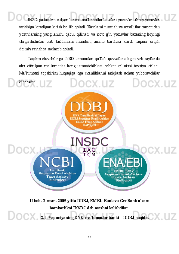INSD-ga taqdim etilgan barcha ma’lumotlar bazalari yozuvlari ilmiy yozuvlar
tarkibiga kiradigan kirish bo’lib qoladi. Xatolarni tuzatish va mualliflar tomonidan
yozuvlarning   yangilanishi   qabul   qilinadi   va   noto’g’ri   yozuvlar   bazaning   keyingi
chiqarilishidan   olib   tashlanishi   mumkin,   ammo   barchasi   kirish   raqami   orqali
doimiy ravishda saqlanib qoladi.
Taqdim etuvchilarga INSD tomonidan qo’llab-quvvatlanadigan veb-saytlarda
aks   ettirilgan   ma’lumotlar   keng   jamoatchilikka   oshkor   qilinishi   tavsiya   etiladi.
Ma’lumotni   topshirish   huquqiga   ega   ekanliklarini   aniqlash   uchun   yuboruvchilar
javobgar.
II-bob. 2-rasm. 2005 yilda DDBJ, EMBL-Bank va GenBank o’zaro
hamkorlikni INSDC deb atashni kelishdilar.
2.1. Yaponiyaning DNK ma’lumotlar banki – DDBJ haqida. 
18 
