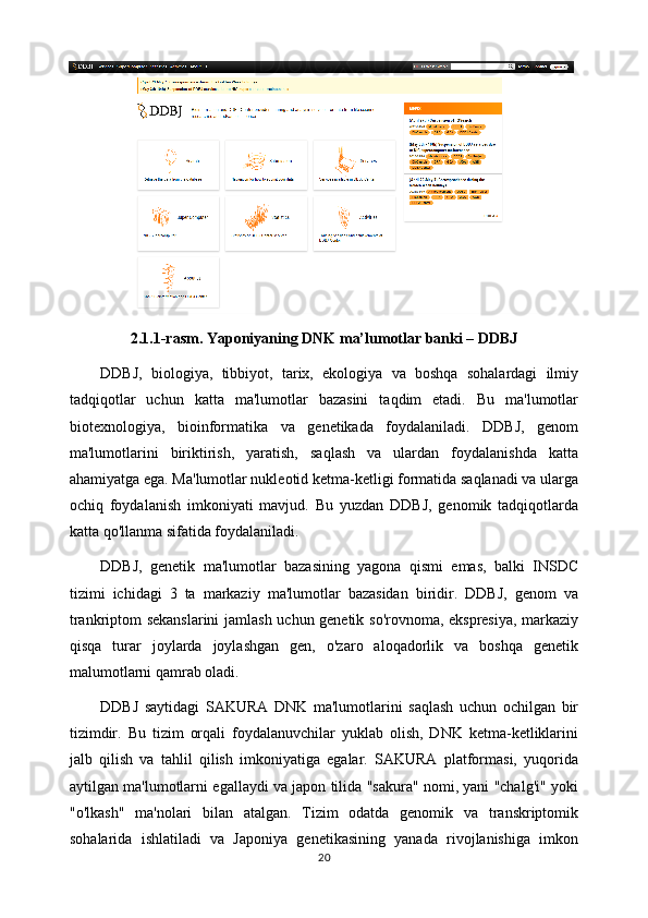 2.1.1-rasm.  Yaponiyaning DNK ma’lumotlar banki – DDBJ
DDBJ,   biologiya,   tibbiyot,   tarix,   ekologiya   va   boshqa   sohalardagi   ilmiy
tadqiqotlar   uchun   katta   ma'lumotlar   bazasini   taqdim   etadi.   Bu   ma'lumotlar
biotexnologiya,   bioinformatika   va   genetikada   foydalaniladi.   DDBJ,   genom
ma'lumotlarini   biriktirish,   yaratish,   saqlash   va   ulardan   foydalanishda   katta
ahamiyatga ega. Ma'lumotlar nukleotid ketma-ketligi formatida saqlanadi va ularga
ochiq   foydalanish   imkoniyati   mavjud.   Bu   yuzdan   DDBJ,   genomik   tadqiqotlarda
katta qo'llanma sifatida foydalaniladi.
DDBJ,   genetik   ma'lumotlar   bazasining   yagona   qismi   emas,   balki   INSDC
tizimi   ichidagi   3   ta   markaziy   ma'lumotlar   bazasidan   biridir.   DDBJ,   genom   va
trankriptom sekanslarini  jamlash uchun genetik so'rovnoma, ekspresiya, markaziy
qisqa   turar   joylarda   joylashgan   gen,   o'zaro   aloqadorlik   va   boshqa   genetik
malumotlarni qamrab oladi.
DDBJ   saytidagi   SAKURA   DNK   ma'lumotlarini   saqlash   uchun   ochilgan   bir
tizimdir.   Bu   tizim   orqali   foydalanuvchilar   yuklab   olish,   DNK   ketma-ketliklarini
jalb   qilish   va   tahlil   qilish   imkoniyatiga   egalar.   SAKURA   platformasi,   yuqorida
aytilgan ma'lumotlarni egallaydi va japon tilida "sakura" nomi, yani "chalg'i" yoki
"o'lkash"   ma'nolari   bilan   atalgan.   Tizim   odatda   genomik   va   transkriptomik
sohalarida   ishlatiladi   va   Japoniya   genetikasining   yanada   rivojlanishiga   imkon
20 