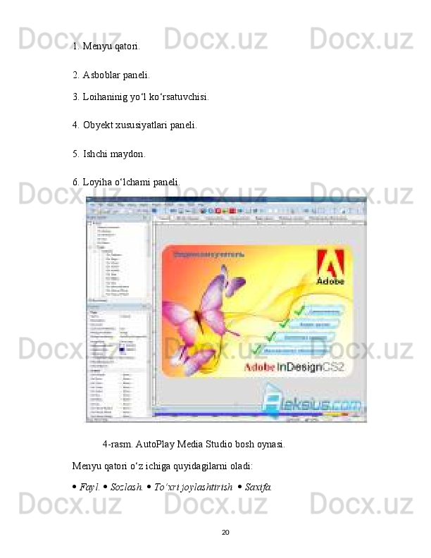 1.   Menyu qatori.
2.   Asboblar paneli.
3.   Loihaninig yo‘l ko‘rsatuvchisi.
4.   Obyekt xususiyatlari paneli.
5.   Ishchi maydon.
6.   Loyiha o‘lchami paneli.
       4-rasm. AutoPlay Media Studio bosh oynasi. 
Menyu qatori o‘z ichiga quyidagilarni oladi:
   Fayl.     Sozlash.     To’xri joylashtirish      Saxifa.
20