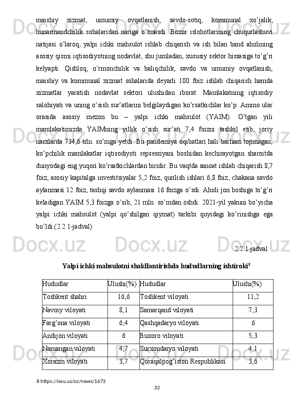 maishiy   xizmat,   umumiy   ovqatlanish,   savdo-sotiq,   kommunal   xo’jalik,
hunarmandchilik   sohalaridan   nariga   o’tmasdi.   Bozor   islohotlarining   chuqurlashuvi
natijasi   o’laroq,   yalpi   ichki   mahsulot   ishlab   chiqarish   va   ish   bilan   band   aholining
asosiy qismi iqtisodiyotning nodavlat, shu jumladan, xususiy sektor hissasiga to’g’ri
kelyapti.   Qishloq,   o’rmonchilik   va   baliqchilik,   savdo   va   umumiy   ovqatlanish,
maishiy   va   kommunal   xizmat   sohalarida   deyarli   100   foiz   ishlab   chiqarish   hamda
xizmatlar   yaratish   nodavlat   sektori   ulushidan   iborat.   Mamlakatning   iqtisodiy
salohiyati va uning o’sish sur’atlarini belgilaydigan ko’rsatkichlar ko’p. Ammo ular
orasida   asosiy   mezon   bu   –   yalpi   ichki   mahsulot   (YAIM).   O’tgan   yili
mamlakatimizda   YAIMning   yillik   o’sish   sur’ati   7,4   foizni   tashkil   etib,   joriy
narxlarda 734,6 trln. so’mga yetdi. Bu pandemiya oqibatlari hali barham topmagan,
ko’pchilik   mamlakatlar   iqtisodiyoti   repsessiyani   boshidan   kechirayotgan   sharoitda
dunyodagi eng yuqori ko’rsatkichlardan biridir. Bu vaqtda sanoat ishlab chiqarish 8,7
foiz, asosiy kapitalga investitsiyalar 5,2 foiz, qurilish ishlari 6,8 foiz, chakana savdo
aylanmasi 12 foiz, tashqi savdo aylanmasi 16 foizga o’sdi. Aholi jon boshiga to’g’ri
keladigan YAIM 5,3 foizga o’sib, 21 mln. so’mdan oshdi. 2021-yil yakuni bo’yicha
yalpi   ichki   mahsulot   (yalpi   qo’shilgan   qiymat)   tarkibi   quyidagi   ko’rinishga   ega
bo’ldi.(2.2.1-jadval) 
 
2.2.1-jadval 
 
Yalpi ichki mahsulotni shakllantirishda hududlarning ishtiroki 8
 
 
Hududlar  Ulushi(%) Hududlar  Ulushi(%) 
Тoshkent shahri  16,6  Тоshkent viloyati  11,2 
Navoiy viloyati  8,1  Samarqand viloyati  7,3 
Farg’ona viloyati  6,4  Qashqadaryo viloyati  6 
Аndijon viloyati  6  Buxoro viloyati  5,3 
Namangan viloyati  4,7  Surxondaryo viloyati  4,1 
Хоrazm viloyati  3,7  Qoraqalpog’iston Respublikasi  3,6 
8  https://iiau.uz/oz/news/1673 
  32   