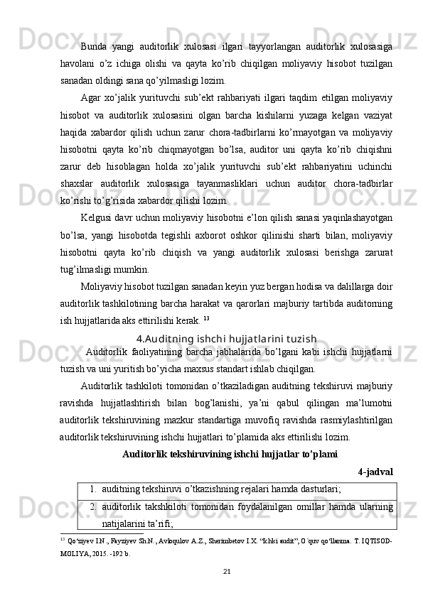 Bunda   yangi   auditorlik   xulosasi   ilgari   tayyorlangan   auditorlik   xulosasiga
havolani   o’z   ichiga   olishi   va   qayta   ko’rib   chiqilgan   moliyaviy   hisobot   tuzilgan
sanadan oldingi sana qo’yilmasligi lozim.  
Agar   xo’jalik   yurituvchi   sub’ekt   rahbariyati   ilgari   taqdim   etilgan   moliyaviy
hisobot   va   auditorlik   xulosasini   olgan   barcha   kishilarni   yuzaga   kelgan   vaziyat
haqida   xabardor   qilish   uchun   zarur   chora-tadbirlarni   ko’rmayotgan   va   moliyaviy
hisobotni   qayta   ko’rib   chiqmayotgan   bo’lsa,   auditor   uni   qayta   ko’rib   chiqishni
zarur   deb   hisoblagan   holda   xo’jalik   yurituvchi   sub’ekt   rahbariyatini   uchinchi
shaxslar   auditorlik   xulosasiga   tayanmasliklari   uchun   auditor   chora-tadbirlar
ko’rishi to’g’risida xabardor qilishi lozim. 
Kelgusi davr uchun moliyaviy hisobotni e’lon qilish sanasi yaqinlashayotgan
bo’lsa,   yangi   hisobotda   tegishli   axborot   oshkor   qilinishi   sharti   bilan,   moliyaviy
hisobotni   qayta   ko’rib   chiqish   va   yangi   auditorlik   xulosasi   berishga   zarurat
tug’ilmasligi mumkin. 
Moliyaviy hisobot tuzilgan sanadan keyin yuz bergan hodisa va dalillarga doir
auditorlik tashkilotining barcha harakat  va qarorlari majburiy tartibda auditorning
ish hujjatlarida aks ettirilishi kerak.  13
4.A udit ning ishchi hujjat larini t uzish
            Auditorlik   faoliyatining   barcha   jabhalarida   bo’lgani   kabi   ishchi   hujjatlarni
tuzish va uni yuritish bo’yicha maxsus standart ishlab chiqilgan.  
            Auditorlik tashkiloti tomonidan o’tkaziladigan auditning tekshiruvi majburiy
ravishda   hujjatlashtirish   bilan   bog’lanishi,   ya’ni   qabul   qilingan   ma’lumotni
auditorlik   tekshiruvining   mazkur   standartiga   muvofiq   ravishda   rasmiylashtirilgan
auditorlik tekshiruvining ishchi hujjatlari to’plamida aks ettirilishi lozim. 
Auditorlik tekshiruvining ishchi hujjatlar to’plami
4-jadval
1. auditning tekshiruvi o’tkazishning rejalari hamda dasturlari; 
2. auditorlik   takshkiloti   tomonidan   foydalanilgan   omillar   hamda   ularning
natijalarini ta’rifi; 
13
  Qo‘ziyev I.N., Fayziyev Sh.N., Avloqulov A.Z., Sherimbetov I.X.   “Ichki audit”, O`quv qo‘llanma. T. IQTISOD-
MOLIYA, 2015. -192 b.
21
