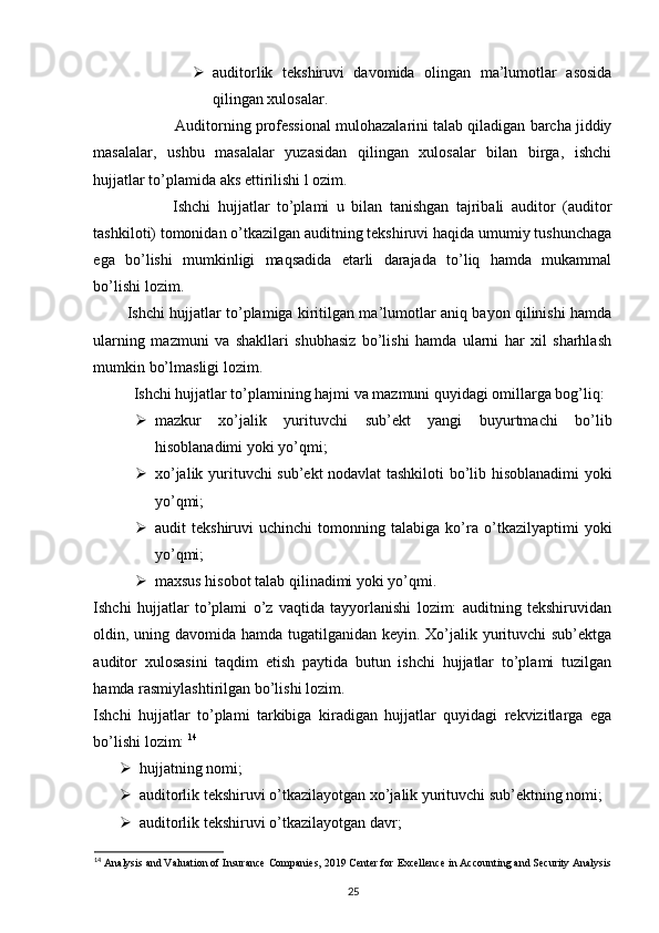  auditorlik   tekshiruvi   davomida   olingan   ma’lumotlar   asosida
qilingan xulosalar. 
                     Auditorning professional mulohazalarini talab qiladigan barcha jiddiy
masalalar,   ushbu   masalalar   yuzasidan   qilingan   xulosalar   bilan   birga,   ishchi
hujjatlar to’plamida aks ettirilishi l ozim. 
                      Ishchi   hujjatlar   to’plami   u   bilan   tanishgan   tajribali   auditor   (auditor
tashkiloti) tomonidan o’tkazilgan auditning tekshiruvi haqida umumiy tushunchaga
ega   bo’lishi   mumkinligi   maqsadida   etarli   darajada   to’liq   hamda   mukammal
bo’lishi lozim. 
              Ishchi hujjatlar to’plamiga kiritilgan ma’lumotlar aniq bayon qilinishi hamda
ularning   mazmuni   va   shakllari   shubhasiz   bo’lishi   hamda   ularni   har   xil   sharhlash
mumkin bo’lmasligi lozim. 
Ishchi hujjatlar to’plamining hajmi va mazmuni quyidagi omillarga bog’liq: 
 mazkur   xo’jalik   yurituvchi   sub’ekt   yangi   buyurtmachi   bo’lib
hisoblanadimi yoki yo’qmi; 
 xo’jalik yurituvchi sub’ekt nodavlat tashkiloti bo’lib hisoblanadimi yoki
yo’qmi; 
 audit   tekshiruvi   uchinchi   tomonning   talabiga   ko’ra   o’tkazilyaptimi   yoki
yo’qmi; 
 maxsus hisobot talab qilinadimi yoki yo’qmi. 
Ishchi   hujjatlar   to’plami   o’z   vaqtida   tayyorlanishi   lozim:   auditning   tekshiruvidan
oldin, uning davomida hamda tugatilganidan keyin. Xo’jalik yurituvchi  sub’ektga
auditor   xulosasini   taqdim   etish   paytida   butun   ishchi   hujjatlar   to’plami   tuzilgan
hamda rasmiylashtirilgan bo’lishi lozim. 
Ishchi   hujjatlar   to’plami   tarkibiga   kiradigan   hujjatlar   quyidagi   rekvizitlarga   ega
bo’lishi lozim:  14
 hujjatning nomi; 
 auditorlik tekshiruvi o’tkazilayotgan xo’jalik yurituvchi sub’ektning nomi; 
 auditorlik tekshiruvi o’tkazilayotgan davr; 
14
  Analysis and Valuation of Insurance Companies, 2019 Center for   Excellence in Accounting and Security Analysis
25 