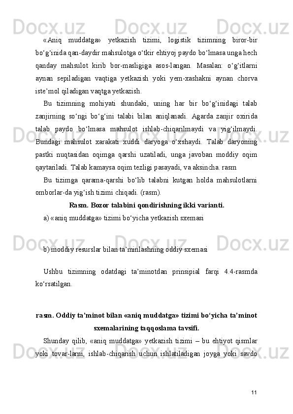 «Aniq   muddatga»   yetkazish   tizimi,   logistik   tizimning   biror-bir
bo‘g‘inida qan-daydir mahsulotga o‘tkir ehtiyoj paydo bo‘lmasa unga hech
qanday   mahsulot   kirib   bor-masligiga   asos-langan.   Masalan:   o‘g‘itlarni
aynan   sepiladigan   vaqtiga   yetkazish   yoki   yem-xashakni   aynan   chorva
iste’mol qiladigan vaqtga yetkazish.
Bu   tizimning   mohiyati   shundaki,   uning   har   bir   bo‘g‘inidagi   talab
zanjirning   so‘ngi   bo‘g‘ini   talabi   bilan   aniqlanadi.   Agarda   zanjir   oxirida
talab   paydo   bo‘lmasa   mahsulot   ishlab-chiqarilmaydi   va   yig‘ilmaydi.
Bundagi   mahsulot   xarakati   xuddi   daryoga   o‘xshaydi.   Talab   daryoning
pastki   nuqtasidan   oqimga   qarshi   uzatiladi,   unga   javoban   moddiy   oqim
qaytariladi. Talab kamaysa oqim tezligi pasayadi, va aksincha. rasm
Bu   tizimga   qarama-qarshi   bo‘lib   talabni   kutgan   holda   mahsulotlarni
omborlar-da yig‘ish tizimi chiqadi. (rasm).
Rasm. Bozor talabini qondirishning ikki varianti.
a) «aniq muddatga» tizimi bo‘yicha yetkazish sxemasi
 
 
b) moddiy resurslar bilan ta’minlashning oddiy sxemasi
  
Ushbu   tizimning   odatdagi   ta’minotdan   prinsipial   farqi   4.4-rasmda
ko‘rsatilgan.
  
 
rasm. Oddiy ta’minot bilan «aniq muddatga» tizimi bo‘yicha ta’minot
sxemalarining taqqoslama tavsifi.
Shunday   qilib,   «aniq   muddatga»   yetkazish   tizimi   –   bu   ehtiyot   qismlar
yoki   tovar-larni,   ishlab-chiqarish   uchun   ishlatiladigan   joyga   yoki   savdo
11 
