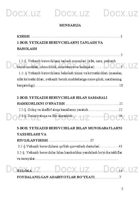 MUNDARIJA
 
KIRISH .......................................................................................................3
1-BOB. YETKAZIB BERUVCHILARNI TANLASH VA 
BAHOLASH
......................................................................................................................5
  1.1-§. Yetkazib beruvchilarni tanlash mezonlari (sifat, narx, yetkazib 
berish muddati, ishonchlilik, innovatsiya va boshqalar)..............................5
  1.2-.§ Yetkazib beruvchilarni baholash tizimi va ko'rsatkichlari (masalan,
sifat ko'rsatkichlari, yetkazib berish muddatlariga rioya qilish, narxlarning 
barqarorligi)................................................................................................10
2-BOB. YETKAZIB BERUVCHILAR BILAN SAMARALI 
HAMKORLIKNI O'RNATISH ..............................................................21
  2.2-§. Ochiq va shaffof aloqa kanallarini yaratish...................................22
  2.3-§. Doimiy aloqa va fikr almashish.....................................................34
3-BOB. YETKAZIB BERUVCHILAR BILAN MUNOSABATLARNI
YAXSHILASH VA 
RIVOJLANTIRISH ................................................37
 3.1-§.Yetkazib beruvchilarni qo'llab-quvvatlash dasturlari......................43
3.2-§. Yetkazib beruvchilar bilan hamkorlikni yaxshilash bo'yicha takliflar
va tavsiyalar...............................................................................................
XULOSA ...................................................................................................54
FOYDALANILGAN ADABIYOTLAR RO’YXATI ............................7
2 