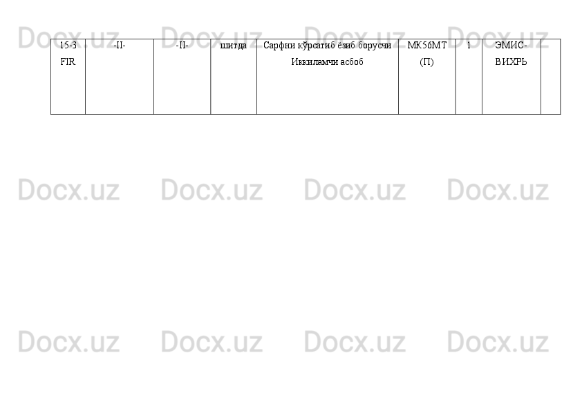 15-3
FIR -II- -II- шитда Сарфни кўрсатиб ёзиб борусчи
Иккиламчи асбоб МК5 6МТ
(П) 1 ЭМИС-
ВИХРЬ 