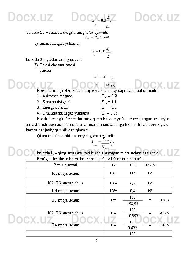 9x    0,2   S
б  
,
cд
S
cд
bu   еrda   S
sd   –   sinxron   dvigatelning   to‘la   quvvati;
S
сд      P
сд   /   cos
6) umamlashgan   yuklama
bu   еrda   S   –   yuklamaning quvvati
7) Tokni   chegaralovchi  
reactor	
x  	 0,35	 Sб  ,
н
S
??????   =   ??????
????????????	
??????	??????.??????	 ??????	2
Elektr   tarmog‘i   elementlarining   e.yu.k.lari   quyidagicha   qabul   qilinadi:
1. Asinxron   dvigatel E
ad  =   0,9
2. Sinxron   dvigatel E
sd   =   1,1
3. Energosistema E
s   =   1,0
4. Umumlashtirilgan   yuklama E
n   =   0,85.
Elektr tarmog‘i elementlarining qarshilik va e.yu.k. lari aniqlangandan keyin
almashtirish sxemasi q.t. nuqtasiga nisbatan sodda holga keltirilib natijaviy e.yu.k.
hamda   natijaviy   qarshilik   aniqlanadi.
Qisqa   tutashuv   toki   esa   quyidagicha   topiladi.	
I	 Eнаm 	 I ,	к.m
X  
наm
bu еrda I
b  – qisqa tutashuv toki hisoblanayotgan nuqta uchun bazis tok.
Berilgan   topshiriq   bo‘yicha   qisqa   tutashuv   toklarini hisoblash:
Bazis   quvvati Sб= 100 МVА
K1   nuqta   uchun Uб= 115 kV
K2   ,K3   nuqta   uchun Uб= 6,3 kV
K4   nuqta   uchun Uб= 0,4 kV
K1   nuqta   uchun Ib= 100	
=
0,503
198,95
K2   ,K3   nuqta   uchun Ib= 100
=
9,175
10,899
K4   nuqta   uchun Ib= 100
=
144,5
0,692
100	
б 