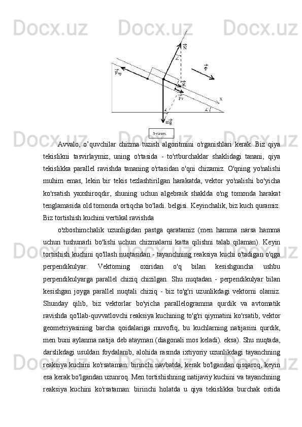Avvalo,   o’quvchilar   chizma   tuzish   algoritmini   o'rganishlari   kerak.   Biz   qiya
tekislikni   tasvirlaymiz,   uning   o'rtasida   -   to'rtburchaklar   shaklidagi   tanani,   qiya
tekislikka   parallel   ravishda   tananing   o'rtasidan   o'qni   chizamiz.   O'qning   yo'nalishi
muhim   emas,   lekin   bir   tekis   tezlashtirilgan   harakatda,   vektor   yo'nalishi   bo'yicha
ko'rsatish   yaxshiroqdir,   shuning   uchun   algebraik   shaklda   o'ng   tomonda   harakat
tenglamasida old tomonda ortiqcha bo'ladi. belgisi. Keyinchalik, biz kuch quramiz.
Biz tortishish kuchini vertikal ravishda 
o'zboshimchalik   uzunligidan   pastga   qaratamiz   (men   hamma   narsa   hamma
uchun   tushunarli   bo'lishi   uchun   chizmalarni   katta   qilishni   talab   qilaman).   Keyin
tortishish kuchini qo'llash nuqtasidan - tayanchning reaksiya kuchi o'tadigan o'qga
perpendikulyar.   Vektorning   oxiridan   o'q   bilan   kesishguncha   ushbu
perpendikulyarga   parallel   chiziq   chizilgan.   Shu   nuqtadan   -   perpendikulyar   bilan
kesishgan   joyga   parallel   nuqtali   chiziq   -   biz   to'g'ri   uzunlikdagi   vektorni   olamiz.
Shunday   qilib,   biz   vektorlar   bo'yicha   parallelogramma   qurdik   va   avtomatik
ravishda qo'llab-quvvatlovchi reaksiya kuchining to'g'ri qiymatini ko'rsatib, vektor
geometriyasining   barcha   qoidalariga   muvofiq,   bu   kuchlarning   natijasini   qurdik,
men buni aylanma natija deb atayman (diagonali mos keladi). eksa). Shu nuqtada,
darslikdagi usuldan  foydalanib, alohida rasmda ixtiyoriy uzunlikdagi  tayanchning
reaksiya kuchini ko'rsataman: birinchi navbatda, kerak bo'lgandan qisqaroq, keyin
esa kerak bo'lgandan uzunroq. Men tortishishning natijaviy kuchini va tayanchning
reaksiya   kuchini   ko'rsataman:   birinchi   holatda   u   qiya   tekislikka   burchak   ostida 5-rasm.