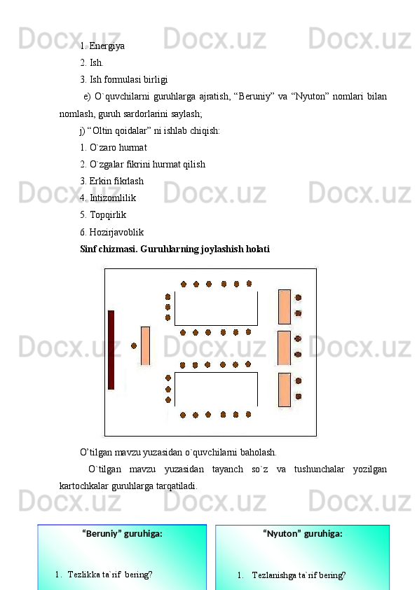 1. E nergiya 
2. Ish.
3. Ish formulasi birligi
  e)   O`quvchilarni   guruhlarga   ajratish,   “Beruniy”   va   “Nyuton”   nomlari   bilan
nomlash, guruh sardorlarini saylash;
j) “Oltin qoidalar” ni ishlab chiqish:
1. O`zaro hurmat
2. O`zgalar fikrini hurmat qilish
3. Erkin fikrlash
4. Intizomlilik 
5. Topqirlik
6. Hozirjavoblik
Sinf chizmasi. Guruhlarning joylashish holati
O’tilgan mavzu yuzasidan o`quvchilarni baholash.
  O`tilgan   mavzu   yuzasidan   tayanch   so`z   va   tushunchalar   yozilgan
kartochkalar guruhlarga tarqatiladi.
“Beruniy” guruhiga:
1. Tezlikka ta`rif  bering?
2. Nyutonning birinchi qonuni? “Nyuton” guruhiga:
1.  Tezlanishga ta`rif bering?
2.  Nyutonning ikkinchi qonuni?