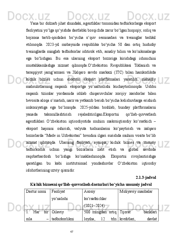 47Yana bir dolzarb jihat shundaki, agentliklar tomonidan tadbirkorlarga eksport
faoliyatini yo‘lga qo‘yishda dastlabki bosqichda zarur bo‘lgan huquqiy, soliq va
bojxona   tartib-qoidalari   bo‘yicha   o‘quv   seminarlari   va   treninglar   tashkil
etilmoqda.   2023-yil   mobaynida   respublika   bo‘yicha   50   dan   ortiq   hududiy
treninglarda   minglab   tadbirkorlar   ishtirok   etib,  amaliy   bilim   va   ko‘nikmalarga
ega   bo‘lishgan.   Bu   esa   ularning   eksport   bozoriga   kirishdagi   ishonchini
mustahkamlashga   xizmat   qilmoqda.O‘zbekiston   Respublikasi   Tiklanish   va
taraqqiyot   jamg‘armasi   va   Xalqaro   savdo   markazi   (ITC)   bilan   hamkorlikda
kichik   biznes   uchun   elektron   eksport   platformalari   yaratilib,   mahalliy
mahsulotlarning   raqamli   eksportga   yo‘naltirilishi   kuchaytirilmoqda.   Ushbu
raqamli   tizimlar   yordamida   ishlab   chiqaruvchilar   xorijiy   xaridorlar   bilan
bevosita aloqa o‘rnatish, narx va yetkazib berish bo‘yicha kelishuvlarga erishish
imkoniyatiga   ega   bo‘lmoqda.   2025-yildan   boshlab,   bunday   platformalarni
yanada   takomillashtirish   rejalashtirilgan.Eksportni   qo‘llab-quvvatlash
agentliklari   O‘zbekiston   iqtisodiyotida   muhim   makroiqtisodiy   ko‘rsatkich   –
eksport   hajmini   oshirish,   valyuta   tushumlarini   ko‘paytirish   va   xalqaro
bozorlarda “Made in Uzbekistan” brendini ilgari surishda muhim vosita bo‘lib
xizmat   qilmoqda.   Ularning   faoliyati,   ayniqsa,   kichik   biznes   va   xususiy
tadbirkorlik   uchun   yangi   bozorlarni   zabt   etish   va   global   savdoda
raqobatbardosh   bo‘lishga   ko‘maklashmoqda.   Eksportni   rivojlantirishga
qaratilgan   bu   kabi   institutsional   yondashuvlar   O‘zbekiston   iqtisodiy
islohotlarining uzviy qismidir.
2.1.3-jadval
Kichik biznesni qo‘llab-quvvatlash dasturlari bo‘yicha umumiy jadval
Dastur nomi Faoliyat
yo‘nalishi Asosiy
ko‘rsatkichlar
(2021–2024) Moliyaviy manbalar
1.   Har   bir
oila   – Oilaviy
tadbirkorlikni 500   mingdan   ortiq
loyiha,   12   trln Tijorat   banklari
kreditlari,   davlat 