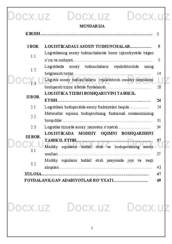 MUNDARIJA
 KIRISH............................................................. . ............................................... ..
3
I BOB. LOGISTIKADAGI ASOSIY TUSHUNCHALAR..................... 5
1.1 Logistikaning   asosiy   tushunchalarida   bozor   iqtisodiyotida   tutgan
o rni va mohiyatiʻ .............................................................................. 5
1.2 Logistikada   asosiy   tushunchalarni   rejalashtirishda   uning
belgilanish turlari............................................................................. 14
1.3 Logistik   asosiy   tushunchalarni     rejalashtirish   moddiy   zaxiralarni
boshqarish tizimi sifatida foydalanish............................................. 20
II BOB. LOGISTIKA TIZIMI BOSHQARUVINI TASHKIL
ETISH……………………………………………………..…….. 24
2.1 Logistikani boshqarishda asosiy funksiyalari haqida.................... 24
2.2 Materiallar   oqimini   boshqarishning   funksional   mexanizmining
bosqichlar ........................................................................................ 31
2.3 Logistika tizimida asosiy  nazoratni o‘rnatish................................ 34
III BOB. LOGISTIKADA   MODDIY   OQIMNI   BOSHQARISHNI
TASHKIL ETISH.......................................................................... 37
      3.1 Moddiy   oqimlarni   tashkil   etish   va   boshqarishning   asosiy
omillari............................................................................................  
37
      3.2 Moddiy   oqimlarni   tashkil   etish   jarayonida   joyi   va   vaqti
aloqalari............................................................................................ 43
XULOSA.......................................................................................................... 47
FOYDALANILGAN ADABIYOTLAR RO‘YXATI.................................. 49
1 