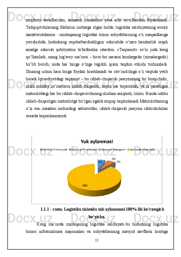 miqdoriy   tavsiflaridan,   samarali   yondashuv   yesa   sifat   tavsiflaridan   foydalanadi.
Tadqiqotchilarning fikrlarini  inobatga olgan holda, logistika salohiyatining asosiy
xarakteristikasini   -   mintaqaning   logistika   tizimi   subyektlarining   o z   maqsadlarigaʻ
yerishishda,   hududning   raqobatbardoshligini   oshirishda   o zaro   hamkorlik   orqali	
ʻ
amalga   oshirish   qobiliyatini   ta kidlashni   istardim.   «Taqsimot»   so‘zi   juda   keng	
ʼ
qo‘llaniladi, uning lug‘aviy ma’nosi – biror-bir narsani kimlargadir (nimalargadir)
bo‘lib   berish,   unda   har   biriga   o‘ziga   tegishli   qismi   taqdim   etilishi   tushuniladi.
Shuning   uchun   ham   bizga   foydali   hisoblanadi   va   iste’molchiga   o’z   vaqtida   yetib
boradi.Iqtisodiyotdagi taqsimot – bu ishlab-chiqarish jarayonining bir bosqichidir,
oldin   moddiy   ne’matlarni   ishlab-chiqarish,   keyin   esa   taqsimlash,   ya’ni   yaratilgan
mahsulotdagi har bir ishlab-chiqaruvchining ulushini aniqlash, lozim. Bunda ushbu
ishlab-chiqarilgan mahsulotga bo‘lgan egalik xuquqi taqsimlanadi.Mahsulotlarning
o‘zi   esa,   masalan   ombordagi   sabzavotlar,   ishlab-chiqarish   jarayoni   ishtirokchilari
orasida taqsimlanmaydi.
1.1.1 - rasm. Logistika tizimida tuk aylammasi 100% lik ko‘rsatgich
bo‘yicha.
Keng   ma noda   mintaqaning   logistika   salohiyati-bu   hududning   logistika	
ʼ
bozori   infratuzilmasi   majmualari   va   subyektlarining   mavjud   xavflarni   hisobga
11 