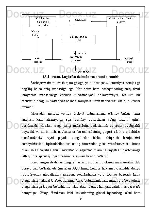 Boshqarnv tizimi kirish qismiga ega, ya’ni boshqaruv ierarxiyasi darajasiga
bog‘liq   holda   aniq   maqsadga   ega.   Har   doim   ham   boshqaruvning   aniq   davri
jarayonida   maqsadlarga   erishish   muvaffaqiyatli   bo‘lavermaydi.   Ma’lum   bir
faoliyat  turidagi muvaffaqiyat  boshqa  faoliyatda muvaffaqiyatsizlikka olib kelishi
mumkin. 
Maqsadga   erishish   yo‘lida   faoliyat   natijalarining   o‘lchov   birligi   turini
aniqlash   katta   ahamiyatga   ega.   Bunday   bosqichdan   so‘ng   nazorat   qilish
boshlanadi.   Masalan,   sizga   yangi   mahsulotni   o‘zlashtirish   bo‘yicha   javobgarlik
buyurildi   va   siz   birinchi   navbatda   ushbu   mahsulotning   yuqori   sifatli   b   o‘lishidan
manfaatdorsiz.   Ayni   paytda   buxgalterlar   ishlab   chiqarish   harajatlarini
kamaytirishdan,   iqtisodchilar   esa   uning   samaradorligidan   manfaatdorlar.   Jamoa
bilan ishlash tajribasi shuni ko‘rsatadiki, agar xodimlarning diqqati aniq o‘lchamga
jalb qilinsa, qabul qilingan nazorat raqamlari keskin bo‘ladi.
 Rivojlangan davlatlar oxirgi yillarda iqtisodda proteksionizm siyosatini olib
borayotgan   bo‘lsalar-da   (masalan   AQSHning   hozirgi   hukumati),   amalda   dunyo
iqtisodiyotida   globallashuv   jarayoni   sekinlashgani   yo‘q.   Dunyo   bozorida   katta
o‘zgarishlar nafaqat O‘zbekistonning, balki butun mintaqamizning ro‘y berayotgan
o‘zgarishlarga tayyor bo‘lishlarini talab etadi. Dunyo hamjamiyatida mavqei o‘sib
borayotgan   Xitoy,   Hindiston   kabi   davlatlarning   global   iqtisoddagi   o‘rni   ham
362.3.1 - rasm. Logistika tizimida nazoratni o‘rnatish