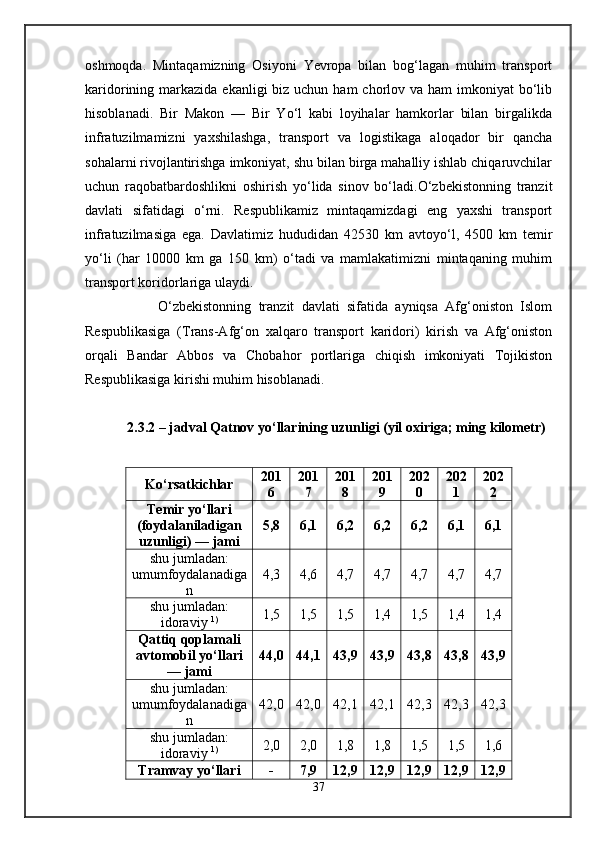 oshmoqda.   Mintaqamizning   Osiyoni   Yevropa   bilan   bog‘lagan   muhim   transport
karidorining markazida ekanligi  biz uchun ham  chorlov va ham  imkoniyat  bo‘lib
hisoblanadi.   Bir   Makon   —   Bir   Yo‘l   kabi   loyihalar   hamkorlar   bilan   birgalikda
infratuzilmamizni   yaxshilashga,   transport   va   logistikaga   aloqador   bir   qancha
sohalarni rivojlantirishga imkoniyat, shu bilan birga mahalliy ishlab chiqaruvchilar
uchun   raqobatbardoshlikni   oshirish   yo‘lida   sinov   bo‘ladi.O‘zbekistonning   tranzit
davlati   sifatidagi   o‘rni.   Respublikamiz   mintaqamizdagi   eng   yaxshi   transport
infratuzilmasiga   ega.   Davlatimiz   hududidan   42530   km   avtoyo‘l,   4500   km   temir
yo‘li   (har   10000   km   ga   150   km)   o‘tadi   va   mamlakatimizni   mintaqaning   muhim
transport koridorlariga ulaydi. 
                    O‘zbekistonning   tranzit   davlati   sifatida   ayniqsa   Afg‘oniston   Islom
Respublikasiga   (Trans-Afg‘on   xalqaro   transport   karidori)   kirish   va   Afg‘oniston
orqali   Bandar   Abbos   va   Chobahor   portlariga   chiqish   imkoniyati   Tojikiston
Respublikasiga kirishi muhim hisoblanadi.
2.3.2 – jadval Qatnov yo‘llarining uzunligi (yil oxiriga; ming kilometr)
Ko‘rsatkichlar 201
6 201
7 201
8 201
9 202
0 202
1 202
2
Temir yo‘llari
(foydalaniladigan
uzunligi) — jami 5,8 6,1 6,2 6,2 6,2 6,1 6,1
shu jumladan:
umumfoydalanadiga
n 4,3 4,6 4,7 4,7 4,7 4,7 4,7
shu jumladan:
idoraviy  1) 1,5 1,5 1,5 1,4 1,5 1,4 1,4
Qattiq qoplamali
avtomobil yo‘llari
— jami 44,0 44,1 43,9 43,9 43,8 43,8 43,9
shu jumladan:
umumfoydalanadiga
n 42,0 42,0 42,1 42,1 42,3 42,3 42,3
shu jumladan:
idoraviy  1) 2,0 2,0 1,8 1,8 1,5 1,5 1,6
Tramvay yo‘llari - 7,9 12,9 12,9 12,9 12,9 12,9
37 
