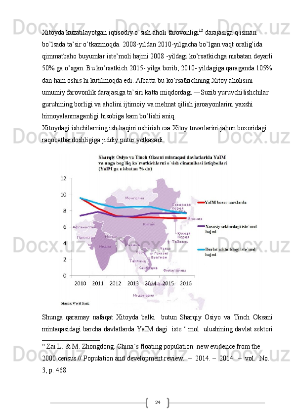 24Xitoyda kuzatilayotgan iqtisodiy o’sish aholi farovonligi 12
 darajasiga q isman 
bo’lsada ta’sir o’tkazmoqda. 2008-yildan 2010-yilgacha bo’lgan vaqt oralig’ida 
qimmatbaho buyumlar iste’moli hajmi 2008 -yildagi ko’rsatkichga nisbatan deyarli
50% ga o’sgan. Bu ko’rsatkich 2015- yilga borib, 2010- yildagiga qaraganda 105%
dan ham oshis hi kutilmoqda edi. Albatta bu ko’rsatkichning Xitoy aholisini 
umumiy farovonlik darajasiga ta’siri katta miqdordagi ―Suzib yuruvchi ishchilar ‖
guruhining borligi va aholini ijtimoiy va mehnat qilish jaroayonlarini yaxshi 
himoyalanmaganligi hisobiga kam bo’lishi aniq.
Xitoydagi ishchilarning ish haqini oshirish esa Xitoy tovarlarini jahon bozoridagi 
raqobatbardoshligiga jiddiy putur yetkazadi.
Shunga   qaramay   nafaqat   Xitoyda   balki     butun   Sharqiy   Osiyo   va   Tinch   Okeani
mintaqasidagi barcha davlatlarda YaIM dagi   iste ‘ mol   ulushining davlat sektori
12
  Zai L. & M. Zhongdong. China`s floating population: new evidence from the 
2000 census // Population and development review.  –  2014. –  2014.  –  vol.  No. 
3, p. 468.