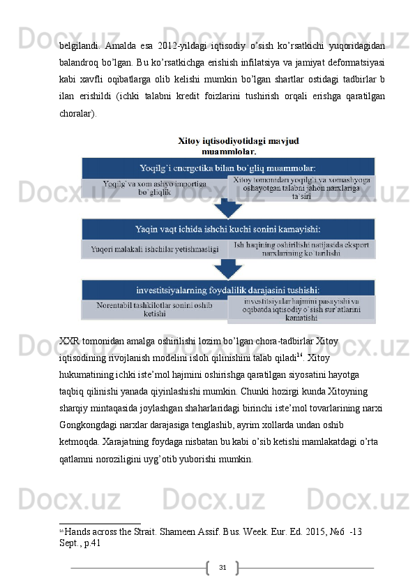 31belgilandi.   Amalda   esa   2012-yildagi   iqtisodiy   o’sish   ko’rsatkichi   yuqoridagidan
balandroq bo’lgan. Bu ko’rsatkichga erishish infilatsiya va jamiyat deformatsiyasi
kabi   xavfli   oqibatlarga   olib   kelishi   mumkin   bo’lgan   shartlar   ostidagi   tadbirlar   b
ilan   erishildi   (ichki   talabni   kredit   foizlarini   tushirish   orqali   erishga   qaratilgan
choralar).
XXR tomonidan amalga oshirilishi lozim bo’lgan chora-tadbirlar Xitoy 
iqtisodining rivojlanish modelini isloh qilinishini talab qiladi 16
. Xitoy 
hukumatining ichki iste’mol hajmini oshirishga qaratilgan siyosatini hayotga 
taqbiq qilinishi yanada qiyinlashishi mumkin. Chunki hozirgi kunda Xitoyning 
sharqiy mintaqasida joylashgan shaharlaridagi birinchi iste’mol tovarlarining narxi 
Gongkongdagi narxlar darajasiga tenglashib, ayrim xollarda undan oshib 
ketmoqda. Xarajatning foydaga nisbatan bu kabi o’sib ketishi mamlakatdagi o’rta 
qatlamni noroziligini uyg’otib yuborishi mumkin.
16
  Hands across the Strait. Shameen Assif. Bus. Week. Eur. Ed. 2015, №6  -13 
Sept., p.41 