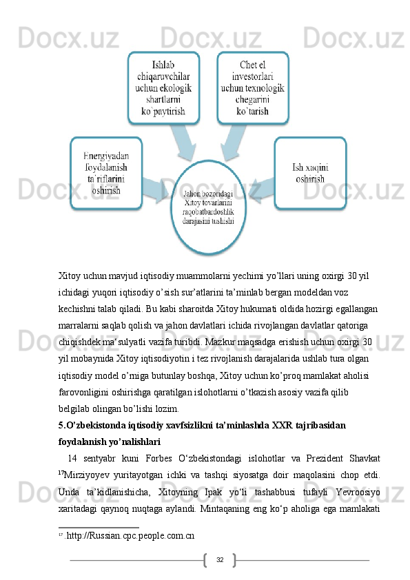 32Xitoy uchun mavjud iqtisodiy muammolarni yechimi yo’llari uning oxirgi 30 yil 
ichidagi yuqori iqtisodiy o’sish sur’atlarini ta’minlab bergan modeldan voz 
kechishni talab qiladi. Bu kabi sharoitda Xitoy hukumati oldida hozirgi egallangan 
marralarni saqlab qolish va jahon davlatlari ichida rivojlangan davlatlar qatoriga 
chiqishdek ma‘sulyatli vazifa turibdi. Mazkur maqsadga erishish uchun oxirgi 30 
yil mobaynida Xitoy iqtisodiyotin i tez rivojlanish darajalarida ushlab tura olgan 
iqtisodiy model o’rniga butunlay boshqa, Xitoy uchun ko’proq mamlakat aholisi 
farovonligini oshirishga qaratilgan islohotlarni o’tkazish asosiy vazifa qilib 
belgilab olingan bo’lishi lozim. 
5.O’zbekistonda iqtisodiy xavfsizlikni ta’minlashda XXR tajribasidan
foydalanish yo’nalishlari
14   sentyabr   kuni   Forbes   O‘zbekistondagi   islohotlar   va   Prezident   Shavkat
17
Mirziyoyev   yuritayotgan   ichki   va   tashqi   siyosatga   doir   maqolasini   chop   etdi.
Unda   ta’kidlanishicha,   Xitoyning   Ipak   yo‘li   tashabbusi   tufayli   Yevroosiyo
xaritadagi  qaynoq nuqtaga aylandi. Mintaqaning  eng ko‘p aholiga ega mamlakati
17
  .http://Russian.cpc.people.com.cn 