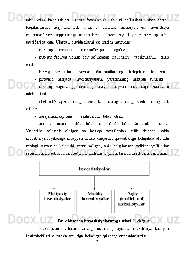9tahlil   etish,   baholash   va   ulardan   foydalanish   uslubini   qo’llashga   imkon   beradi.
Rejalashtirish,   hujjatlashtirish,   tahlil   va   baholash   uslubiyoti   esa   investitsiya
imkoniyatlarini   taqqoslashga   imkon   beradi.   Investitsiya   loyihasi   o’zining   sifat-
tavsiflariga   ega.   Ulardan   quyidagilarni   qo’rsatish   mumkin:
- o’zining maxsus maqsadlariga egaligi;
- maxsus   faoliyat   uchun   boy   bo’lmagan   resurslarni    taqsimlashni    talab
etishi;
- hozirgi    xarajatlar       evaziga       daromadlarning       kelajakda       kutilishi;
- pirovard    natijada    investitsiyalarni    yaratishning    nazarda    tutilishi;
- o’zining   yagonaligi,   noyobligi   tufayli   muayyan   miqdordagi   resurslarni
talab   qilishi;
- chet   ellik   agentlarning,   investorlar   mablag’larining,   kreditlarining   jalb
etilishi
- xarajatlarni oqilona ishlatishini talab etishi;
- aniq   va   noaniq   risklar   bilan   to’qnashishi   bilan   farqlanib         turadi.
Yuqorida   ko’rsatib   o’tilgan   va   boshqa   tavsiflardan   kelib   chiqqan   holda
investitsiya   loyihasiga   muayyan   ishlab   chiqarish   quvvatlariga   kelajakda   alohida
turdagi   samaralar   keltirishi   zarur   bo’lgan,   aniq   belgilangan   tadbirlar yo’li   bilan
resurslarni   investitsiyalash   bo’yicha   takliflar   to’plami   tarzida   ta`rif berish   mumkin.
Bu   chizmada   investitsiyalarning   turlari   3 -chizma
Investitsion   loyihalarni   amalga   oshirish   jarayonida   investitsiya   faoliyati
ishtirokchilari   o`rtasida   vujudga   keladiganiqtisodiy   munosabatlardir. 