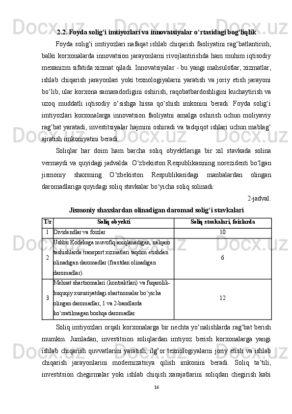 2.2. Foyda solig‘i imtiyozlari va innovatsiyalar o‘rtasidagi bog‘liqlik
Foyda solig‘i   imtiyozlari   nafaqat  ishlab  chiqarish  faoliyatini   rag‘batlantirish,
balki  korxonalarda innovatsion  jarayonlarni  rivojlantirishda  ham  muhim  iqtisodiy
mexanizm sifatida xizmat qiladi. Innovatsiyalar - bu yangi mahsulotlar, xizmatlar,
ishlab   chiqarish   jarayonlari   yoki   texnologiyalarni   yaratish   va   joriy   etish   jarayoni
bo‘lib, ular korxona samaradorligini oshirish, raqobatbardoshligini kuchaytirish va
uzoq   muddatli   iqtisodiy   o‘sishga   hissa   qo‘shish   imkonini   beradi.   Foyda   solig‘i
imtiyozlari   korxonalarga   innovatsion   faoliyatni   amalga   oshirish   uchun   moliyaviy
rag‘bat yaratadi, investitsiyalar hajmini oshiradi va tadqiqot ishlari uchun mablag‘
ajratish imkoniyatini beradi.
Soliqlar   har   doim   ham   barcha   soliq   obyektlariga   bir   xil   stavkada   solina
vermaydi va quyidagi jadvalda    O zbekiston Respublikasining norezidenti bo lganʻ ʻ
jismoniy   shaxsning   O zbekiston   Respublikasidagi   manbalardan   olingan	
ʻ
daromadlariga quyidagi soliq stavkalar bo yicha soliq solinadi:	
ʻ
2-jadval . 
Jismoniy shaxslardan olinadigan daromad solig‘i stavkalari
T/r Soliq obyekti Soliq stavkalari, foizlarda
1 Dividendlar va foizlar  10
2 Ushbu Kodeksga muvofiq aniqlanadigan, xalqaro 
tashishlarda transport xizmatlari taqdim etishdan 
olinadigan daromadlar (fraxtdan olinadigan 
daromadlar). 6
3 Mehnat shartnomalari (kontraktlari) va fuqarolik-
huquqiy xususiyatdagi shartnomalar bo yicha 	
ʻ
olingan daromadlar, 1 va 2-bandlarda 
ko rsatilmagan boshqa daromadlar	
ʻ 12
Soliq imtiyozlari orqali korxonalarga bir nechta yo‘nalishlarda rag‘bat berish
mumkin.   Jumladan,   investitsion   soliqlardan   imtiyoz   berish   korxonalarga   yangi
ishlab  chiqarish   quvvatlarini  yaratish,  ilg‘or  texnologiyalarni  joriy  etish   va  ishlab
chiqarish   jarayonlarini   modernizatsiya   qilish   imkonini   beradi.   Soliq   ta’tili,
investitsion   chegirmalar   yoki   ishlab   chiqish   xarajatlarini   soliqdan   chegirish   kabi
16 