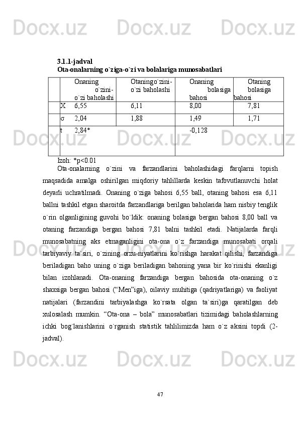 473.1.1-jadval
Ota-onalarning   o`ziga-o`zi   va   bolalariga   munosabatlari
Onaning
o`zini-
o`zi   baholashi Otaning o`zini-
o`zi   baholashi Onaning
bolasiga
bahosi Otaning
bolasiga  
bahosi
X 6,55 6,11 8,00 7,81
σ 2,04 1,88 1,49 1,71
t 2,84* -0,128
Izoh:   *p<0.01
Ota-onalarning   o`zini   va   farzandlarini   baholashidagi   farqlarni   topish
maqsadida   amalga   oshirilgan   miqdoriy   tahlillarda   keskin   tafovutlanuvchi   holat
deyarli   uchratilmadi.   Onaning   o`ziga   bahosi   6,55   ball,   otaning   bahosi   esa   6,11
ballni tashkil etgan sharoitda farzandlariga berilgan baholarida ham nisbiy tenglik
o`rin   olganligining   guvohi   bo`ldik:   onaning   bolasiga   bergan   bahosi   8,00   ball   va
otaning   farzandiga   bergan   bahosi   7,81   balni   tashkil   etadi.   Natijalarda   farqli
munosabatning   aks   etmaganligini   ota-ona   o`z   farzandiga   munosabati   orqali
tarbiyaviy   ta`siri,   o`zining   orzu-niyatlarini   ko`rishga   harakat   qilishi,   farzandiga
beriladigan   baho   uning   o`ziga   beriladigan   bahoning   yana   bir   ko`rinishi   ekanligi
bilan   izohlanadi.   Ota-onaning   farzandiga   bergan   bahosida   ota-onaning   o`z
shaxsiga   bergan   bahosi   (“Men”iga),   oilaviy   muhitiga   (qadriyatlariga)   va   faoliyat
natijalari   (farzandini   tarbiyalashga   ko`rsata   olgan   ta`siri)ga   qaratilgan   deb
xulosalash   mumkin.   “Ota-ona   –   bola”   munosabatlari   tizimidagi   baholashlarning
ichki   bog`lanishlarini   o`rganish   statistik   tahlilimizda   ham   o`z   aksini   topdi   (2-
jadval). 