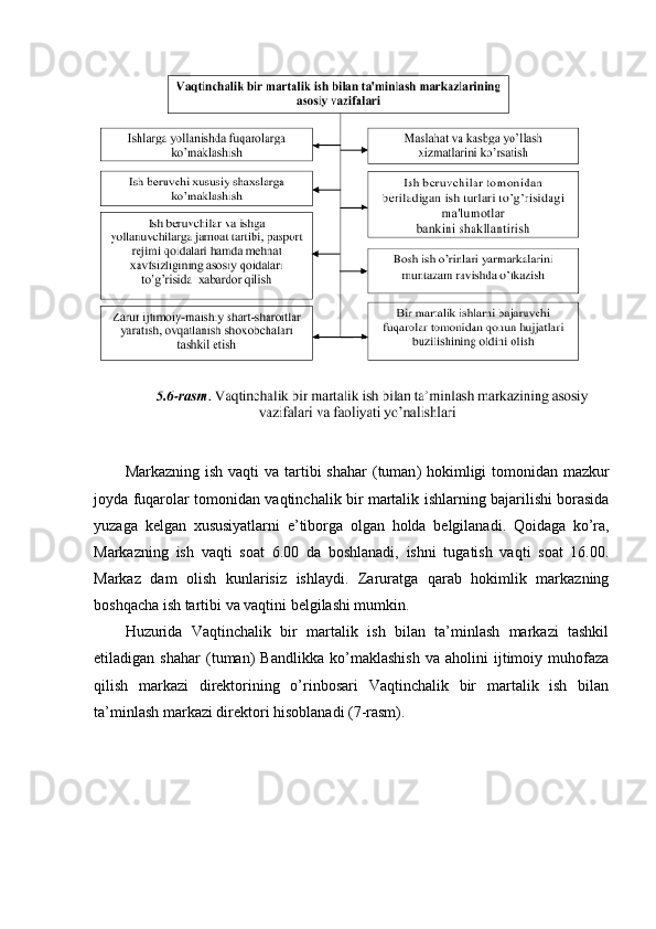 Markazning   ish   vaqti   va   tartibi   shahar   ( tuman )   hokimligi   tomonidan   mazkur
joyda   fuqarolar   tomonidan   vaqtinchalik   bir   martalik   ishlarning   bajarilishi   borasida
yuzaga   kelgan   xususiyatlarni   e ’ tiborga   olgan   holda   belgilanadi .   Qoidaga   ko’ra,
Markazning   ish   vaqti   soat   6.00   da   boshlanadi,   ishni   tugatish   vaqti   soat   16.00.
Markaz   dam   olish   kunlarisiz   ishlaydi.   Zaruratga   qarab   hokimlik   markazning
boshqacha ish tartibi va vaqtini belgilashi mumkin.
Huzurida   Vaqtinchalik   bir   martalik   ish   bilan   ta’minlash   markazi   tashkil
etiladigan   shahar   (tuman)   Bandlikka   ko’maklashish   va   aholini   ijtimoiy   muhofaza
qilish   markazi   direktorining   o’rinbosari   Vaqtinchalik   bir   martalik   ish   bilan
ta’minlash markazi direktori hisoblanadi (7-rasm). 